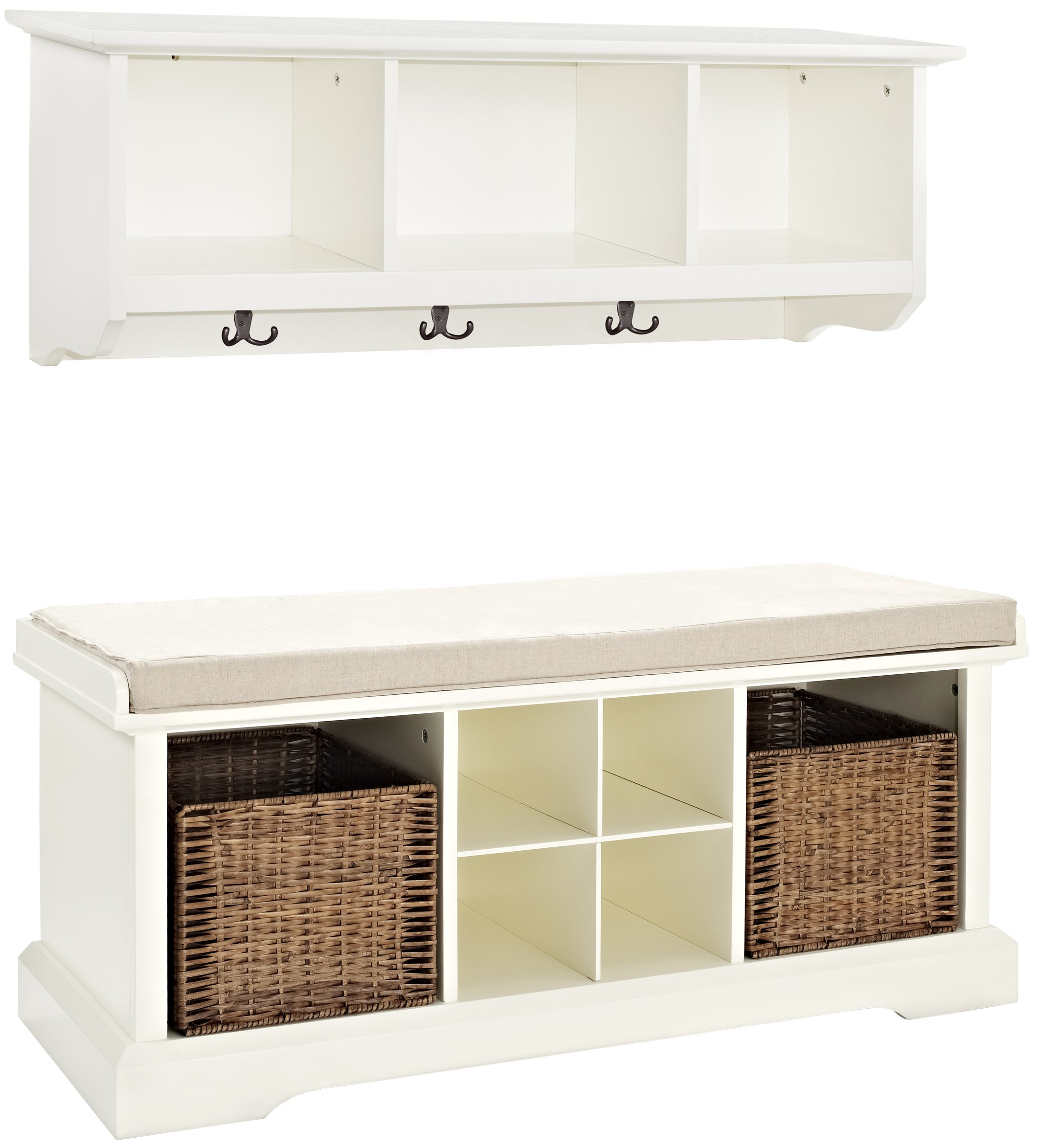 Crosley Furniture Brennan Entryway Storage Bench with Hanging Shelf Set - White | Hallway Organizer for Shoes, Coats & Accessories | Perfect for Entryways, Mudrooms & Small Spaces