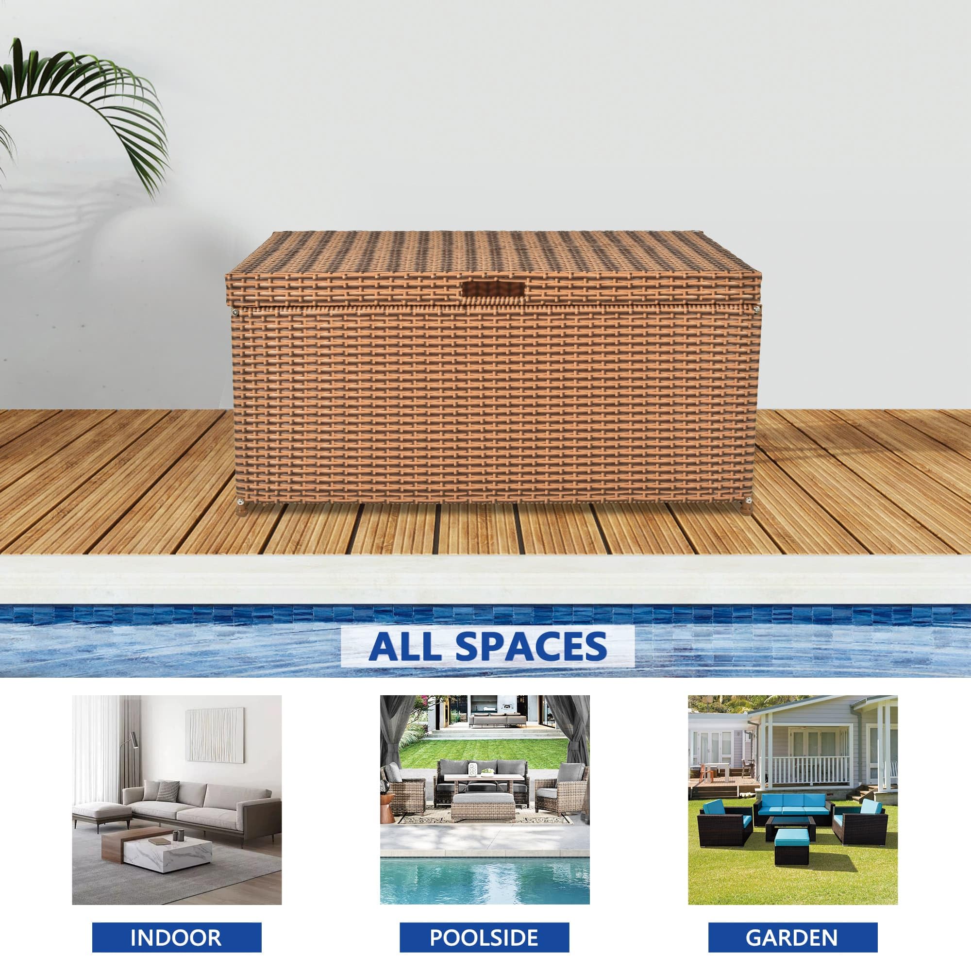 Jeco Honey Wicker Patio Storage Deck Box - Outdoor Furniture Organizer for Cushions, Toys & Garden Accessories - Perfect for Backyard, Poolside & Deck Storage