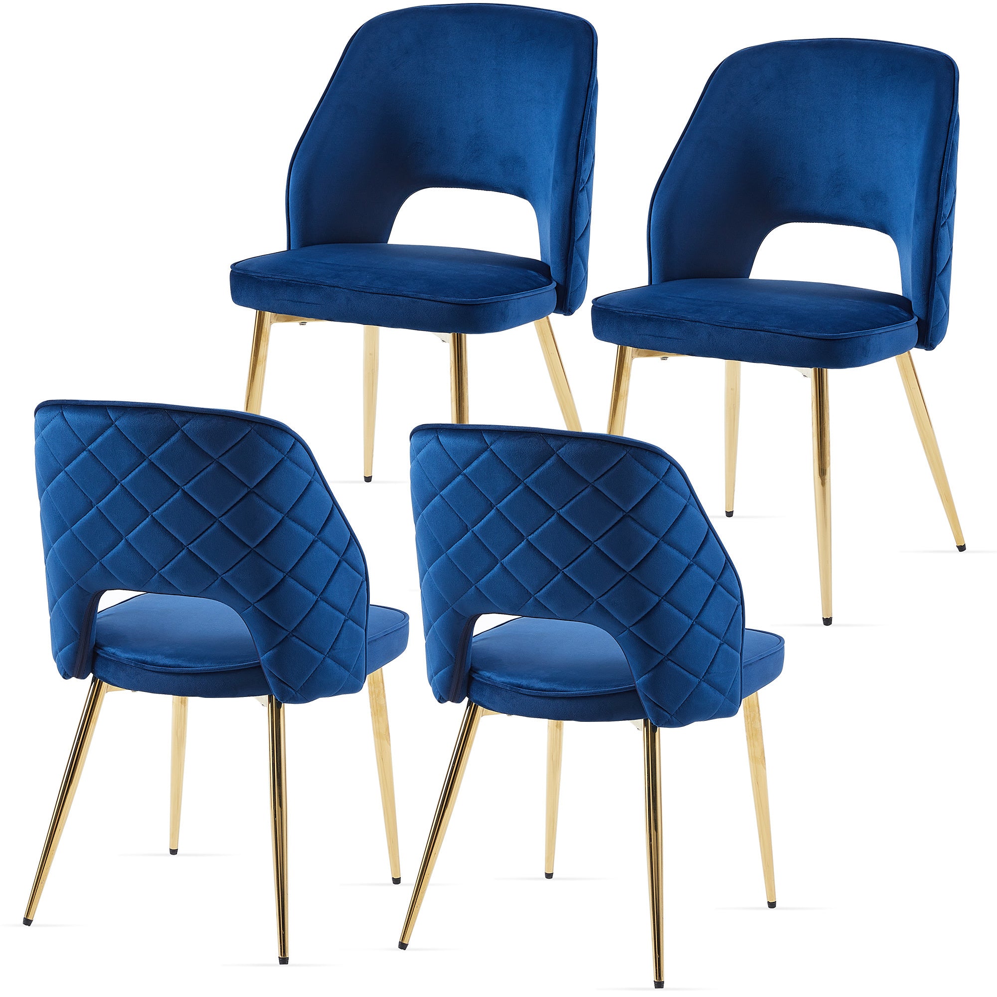 Blue Velvet Dining Chairs Set of 4 - Modern Upholstered Chairs with Metal Legs & Hollow Back Design for Dining Room, Kitchen, or Home Decor