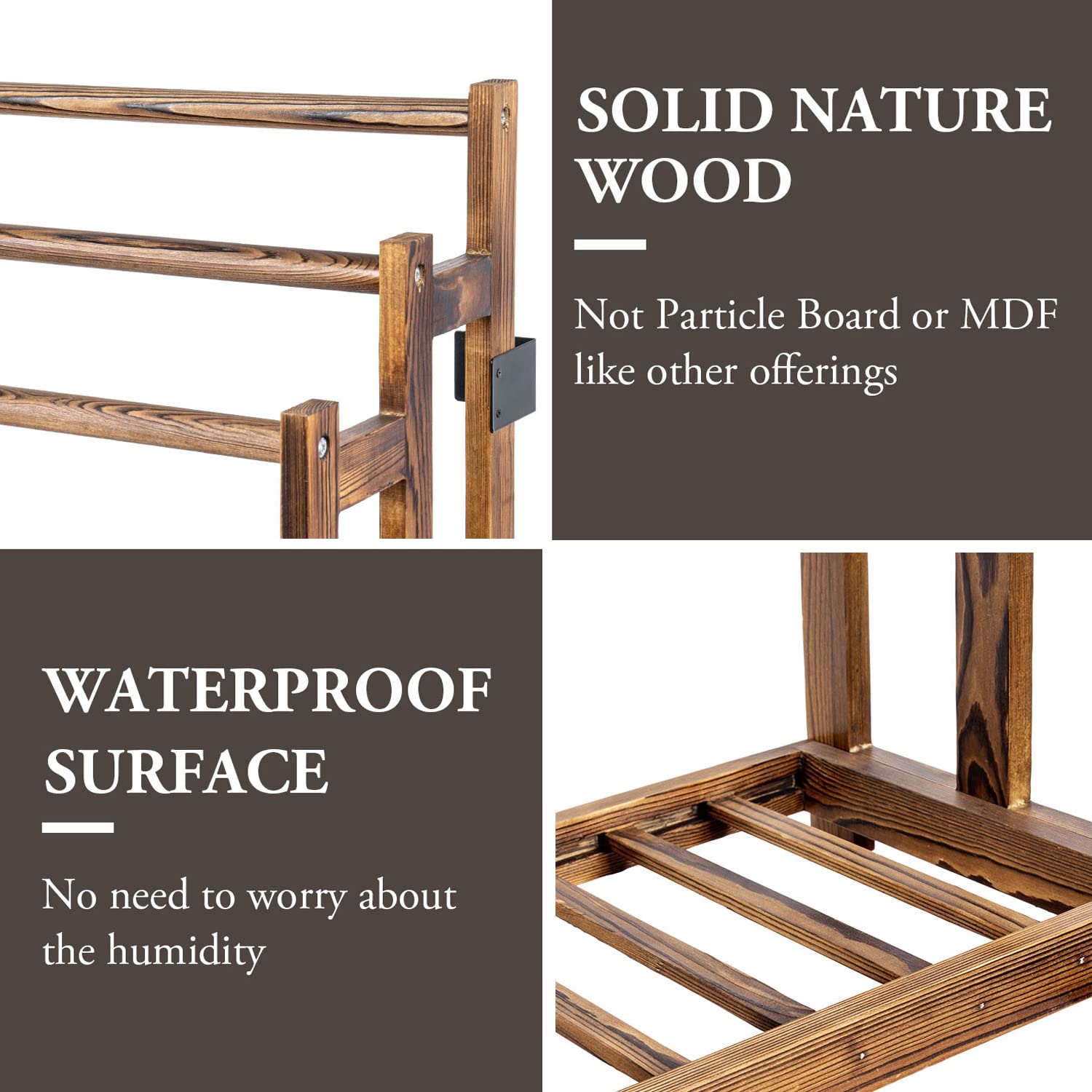 MyGift 3-Tier Freestanding Bathroom Towel Rack - Rustic Dark Brown Wooden Towel Holder with Storage Shelf | Space-Saving Drying Stand for Bath Towels, Robes & Linens | Perfect for Small Bathrooms, Laundry Rooms & Spa Areas