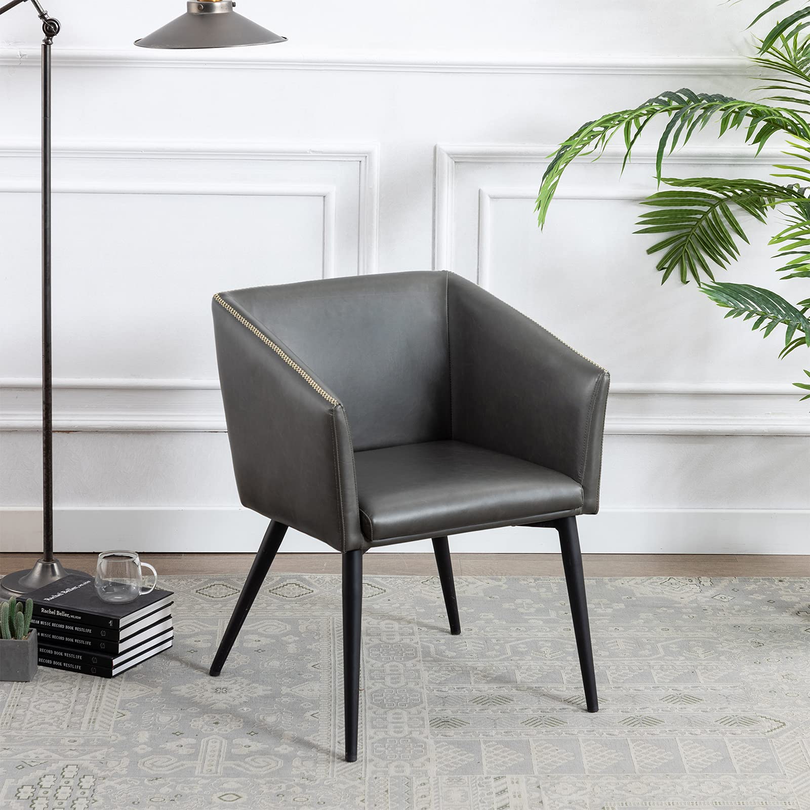 DUHOME Modern Accent Chair - PU Leather Dining Chair with Armrests, Mid Back Desk Chair for Home Office, Living Room & Kitchen - Comfortable Grey Seating for Dining, Working & Relaxing