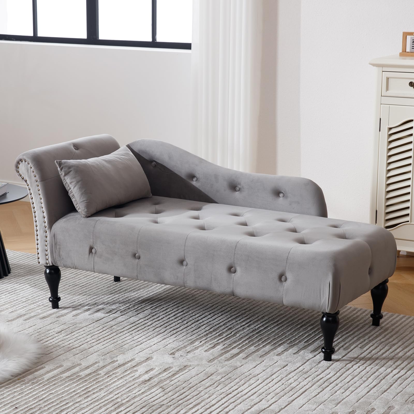 Tufted Velvet Chaise Lounge Chair - Modern Upholstered Rolled Arm Sofa with Nailhead Trim - Comfortable Living Room, Bedroom & Office Furniture for Relaxing, Reading & Entertaining