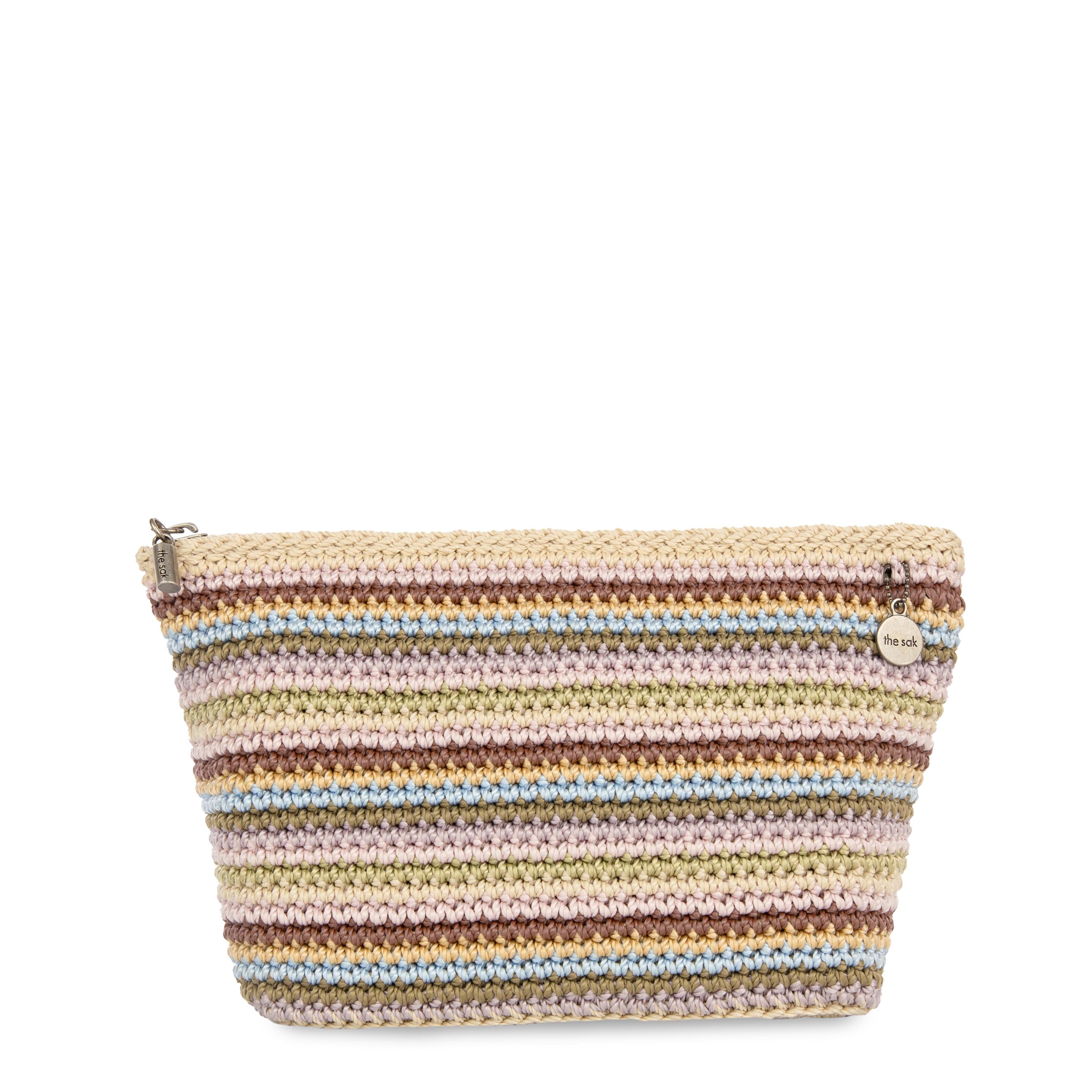 Hand Crocheted Essential Pouch - Pink Multi Stripe Design for Women | Perfect for Travel, Makeup & Daily Essentials Organization