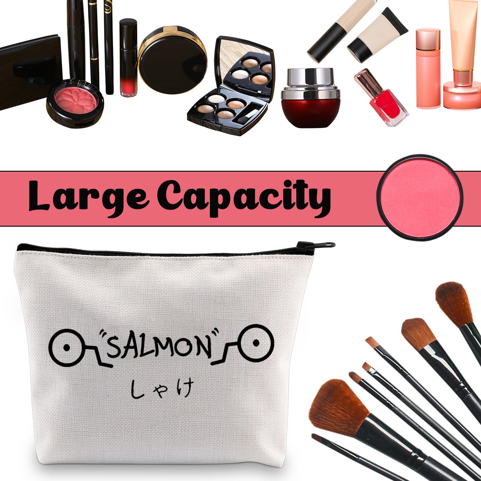 JNIAP Salmon Cosmetic Bag - Cute Cartoon Anime Makeup Pouch for Manga Lovers | Waterproof Zipper Organizer for Cosmetics, Travel & School Supplies | Perfect Gift for Anime Fans & Cosplayers