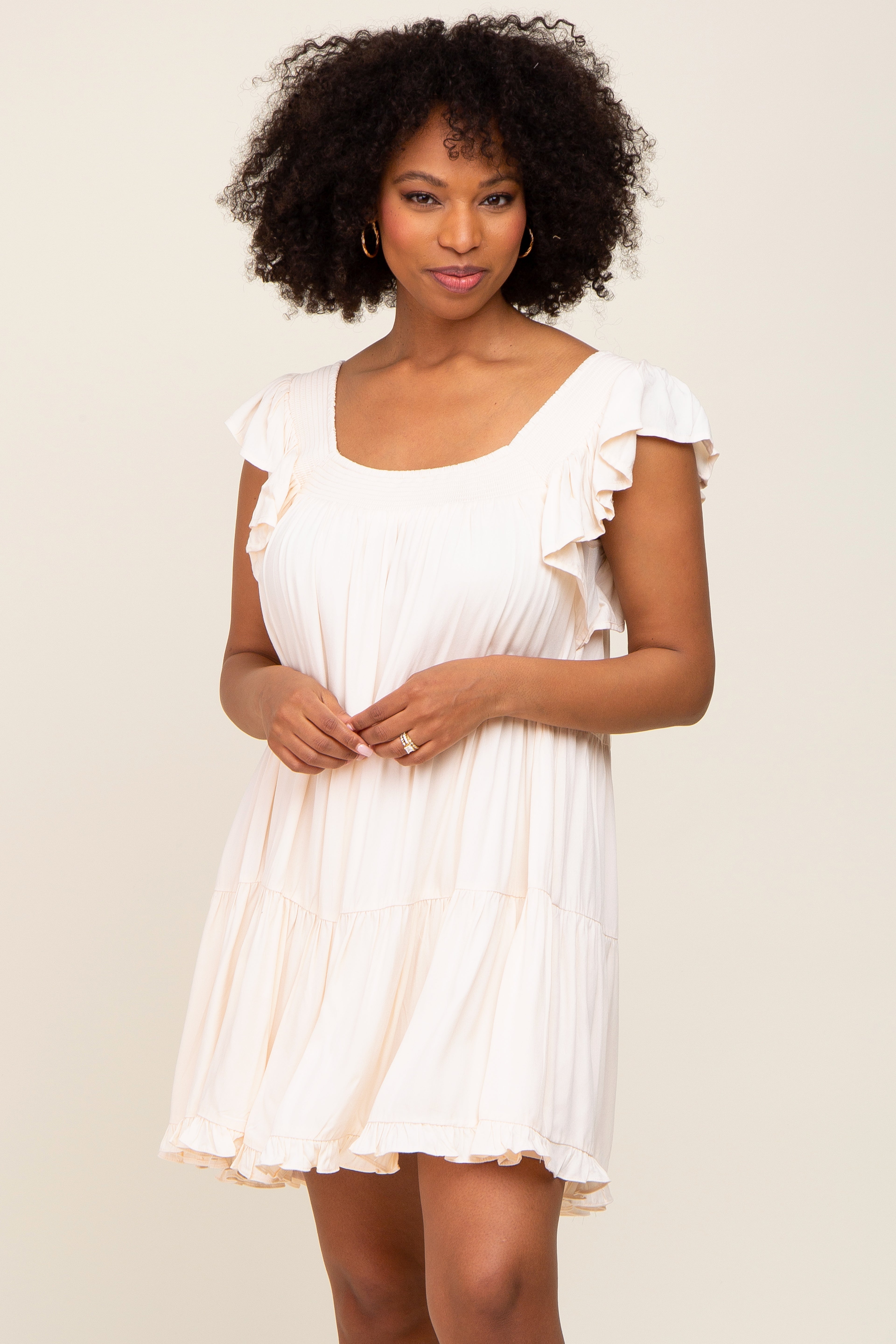 Beige Smocked Ruffle Sleeve Tiered Maternity Dress for Pregnancy & Nursing - Comfortable Stretchy Flowy Maxi Dress for Baby Shower, Maternity Photos & Special Occasions