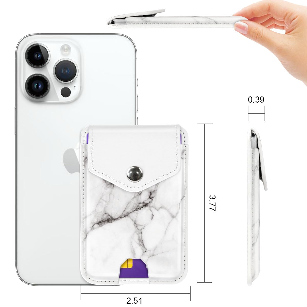 Leather RFID Phone Wallet with Snap - Self Adhesive Card Holder for Back of Phone - White Marble Design - Perfect for Credit Cards, IDs & Transit Passes - Ideal for Work, Travel & Everyday Use