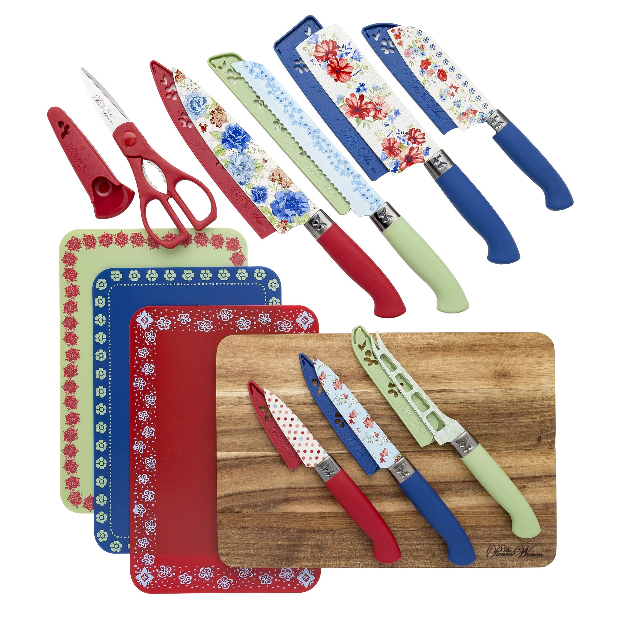 The Pioneer Woman 20-Piece Cutlery Knife Set - Stainless Steel Kitchen Knives with Wooden Block - Classic Charm Design for Home Cooking, BBQ & Gift Giving