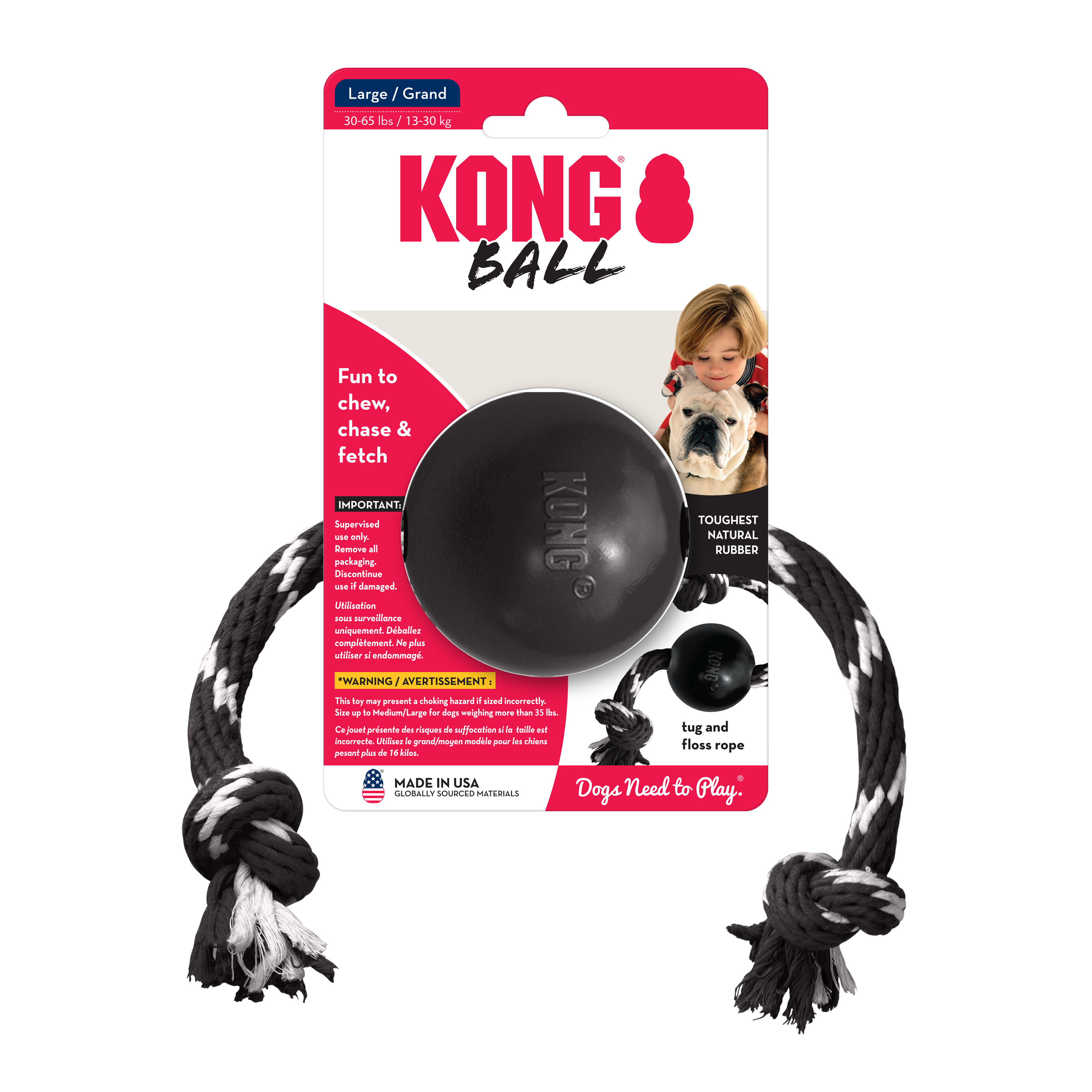 Kong Extreme Dog Toy Ball with Rope - Durable Chew Toy for Aggressive Chewers - Perfect for Fetch, Tug-of-War & Interactive Play
