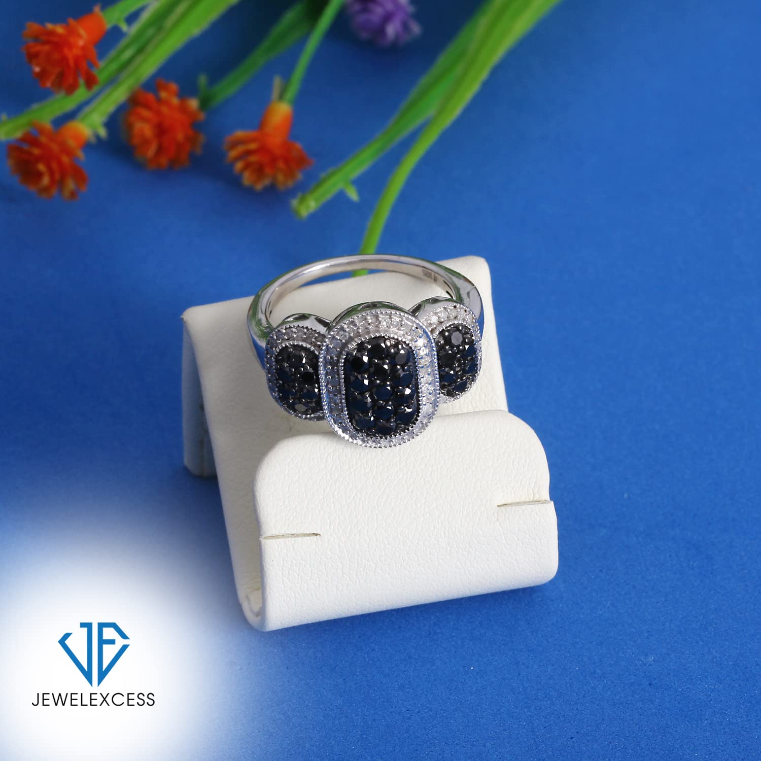 JEWELEXCESS 1 Carat Black & White Diamond Ring for Women - Sterling Silver Engagement Ring, Anniversary Gift, Wedding Band - Perfect for Everyday Wear & Special Occasions