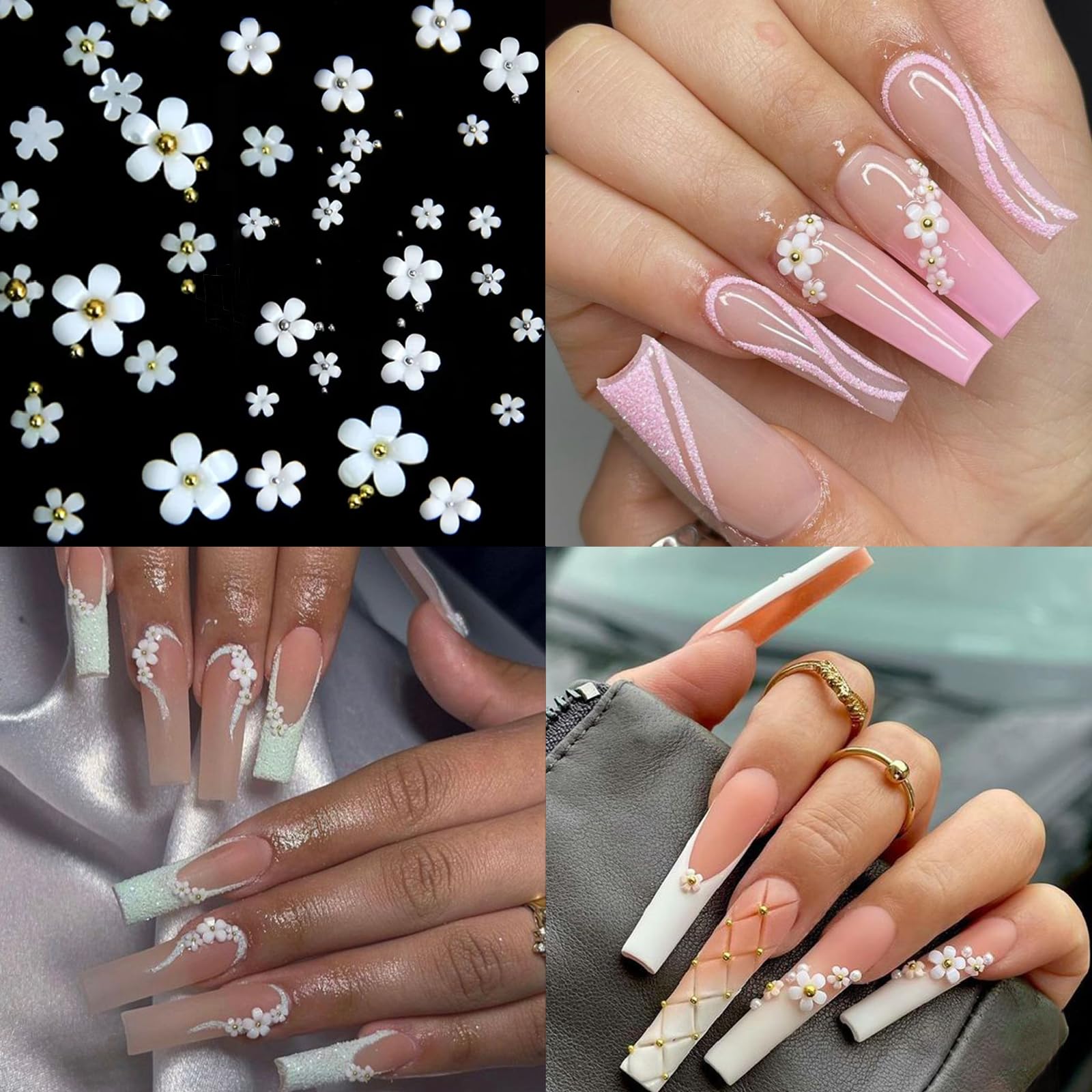 3D Flower Nail Art Charms - White & Pink Acrylic Nail Decor with Gold Silver Pearls & Rhinestones | Spring Blossom Gems for DIY Nail Designs | Perfect for Women's Nail Art, Bridal Nails, and Spring Manicures