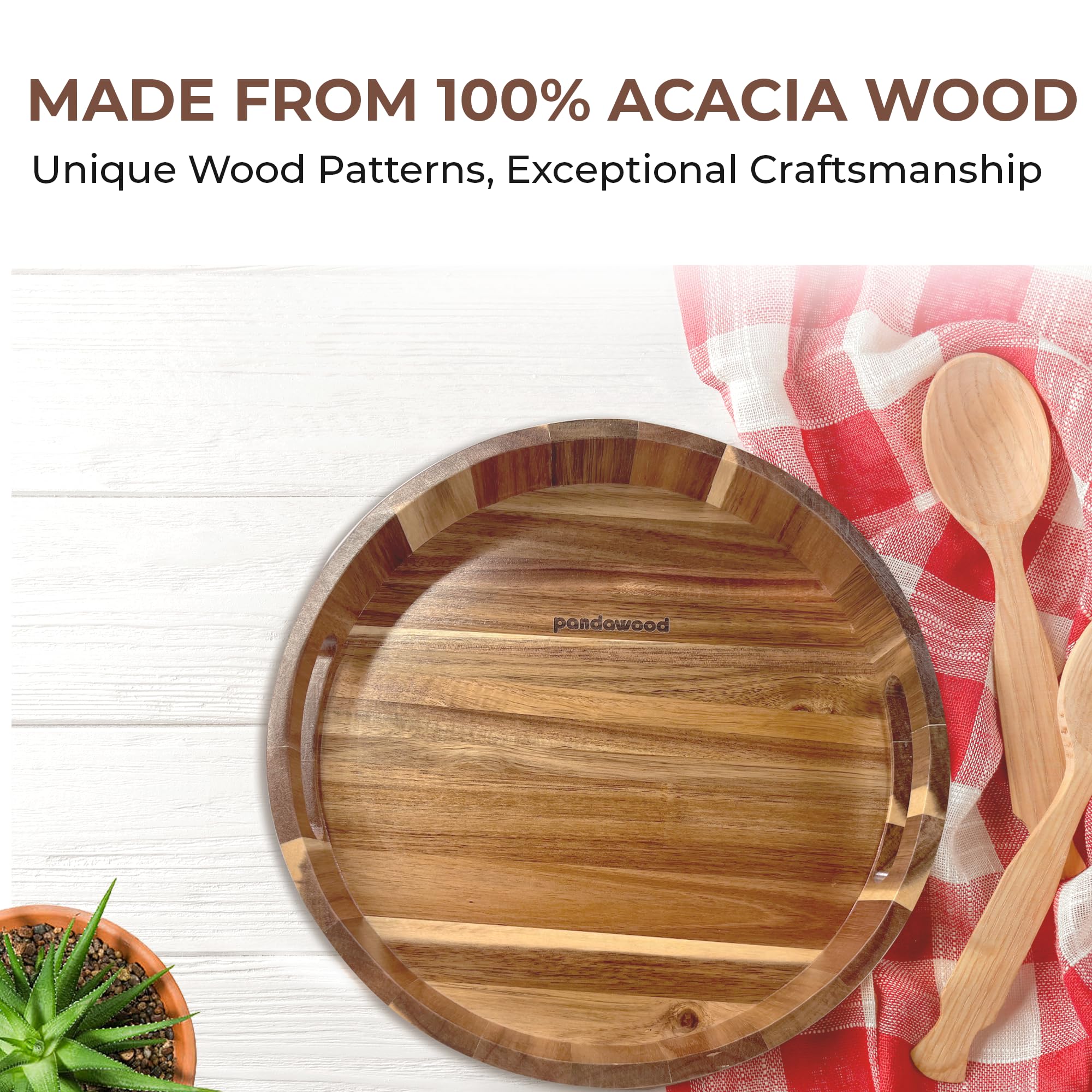 12 Inch Wooden Lazy Susan Turntable Organizer - 100% Acacia Wood Spinning Tray for Kitchen, Dining Table, Countertop & Pantry - Perfect for Spice Storage, Serving Dishes & Cabinet Organization