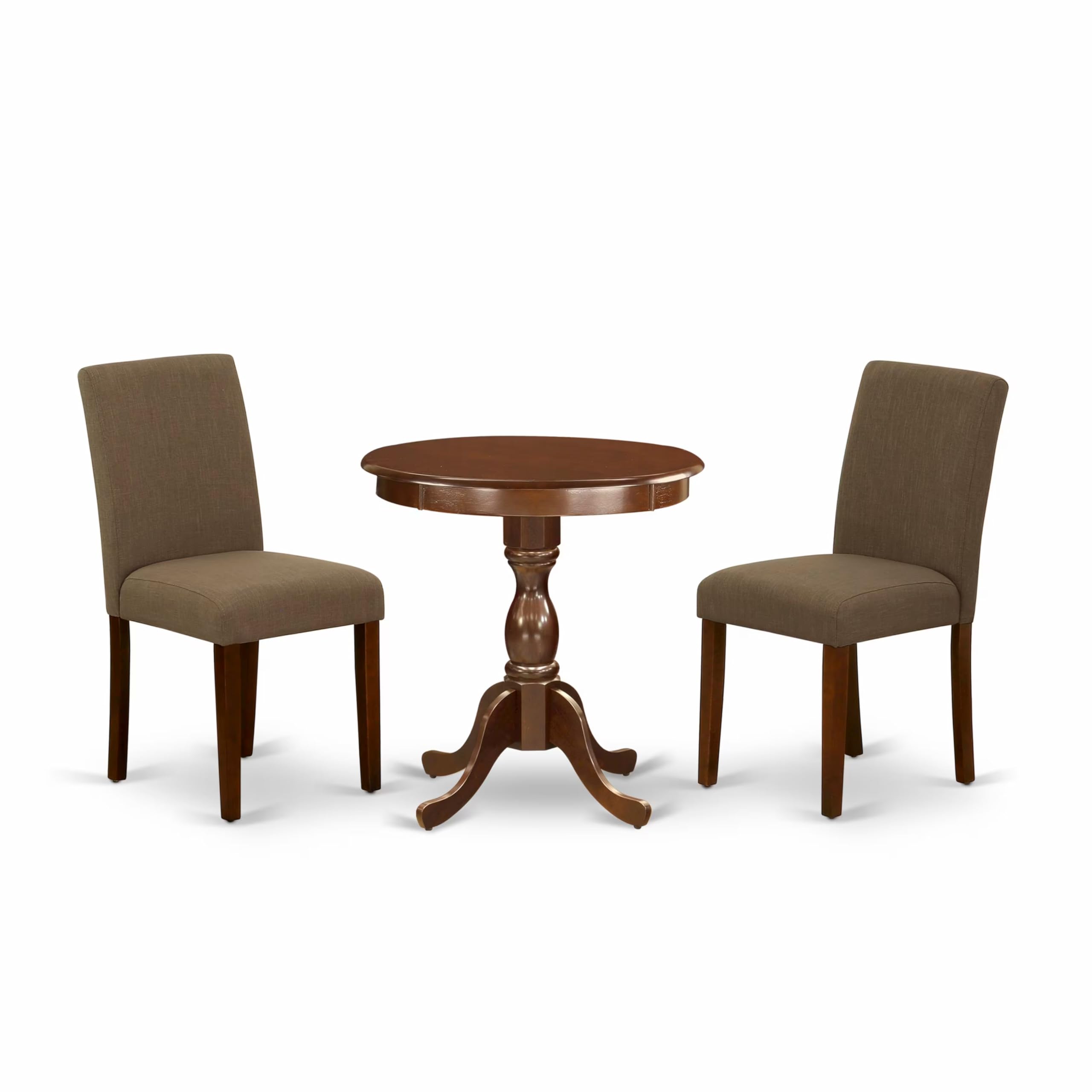 East West Furniture ESAB3-MAH-18 3-Piece Small Space Dinette Set with Round Pedestal Dining Table & 2 Coffee Linen Fabric Parson Chairs, 30x30 Inch, Mahogany - Perfect for Apartments, Breakfast Nooks & Cozy Dining Areas