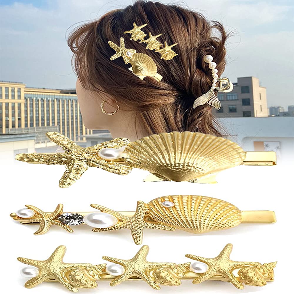 3Pcs Starfish Hair Clips with Pearls - Ocean Themed Hair Barrettes for Women & Girls - Perfect for Beach Weddings, Summer Vacations & Boho Hair Accessories
