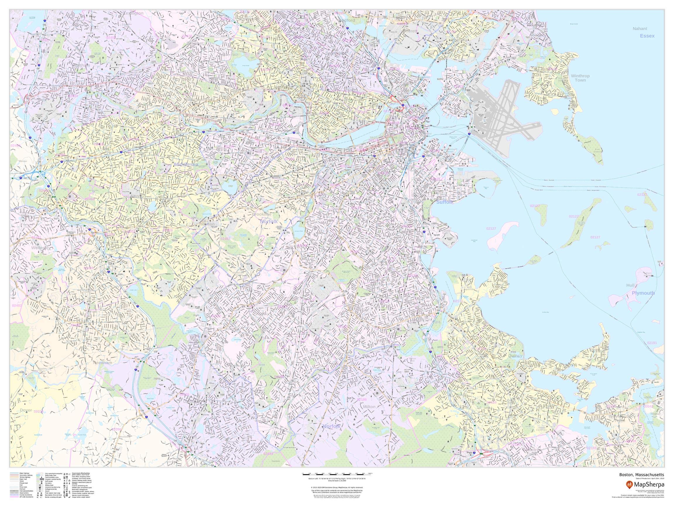 Boston Massachusetts Landscape Wall Map - 48x36 Inch Laminated Large Detailed City Map for Home Decor, Office & Classroom Use