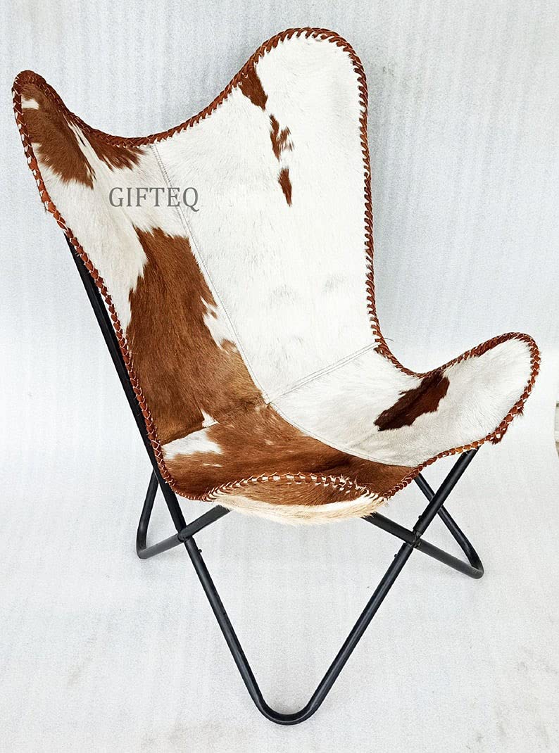GifteQ Classic Cowhide Leather Butterfly Chair - Foldable & Easy to Assemble Living Room Chair, Comfortable Lounge & Dining Chair for Home, Patio, Dorm Room & Outdoor Use