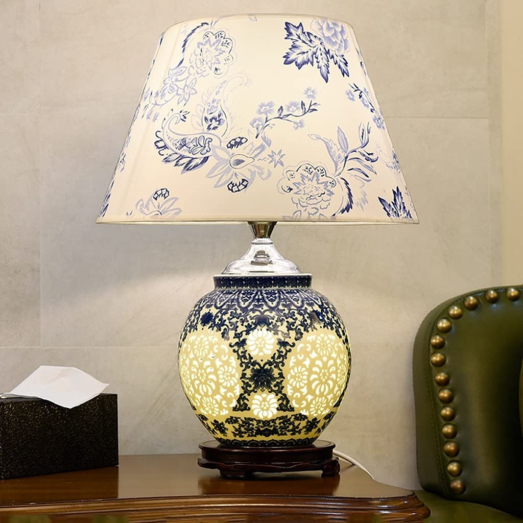 Chinese Style Blue and White Hollow Ceramic Table Lamp - Handcrafted Retro Bedside Nightstand Lamp with Printed Fabric Shade | Perfect for Bedroom, Living Room & Office Decor (White)