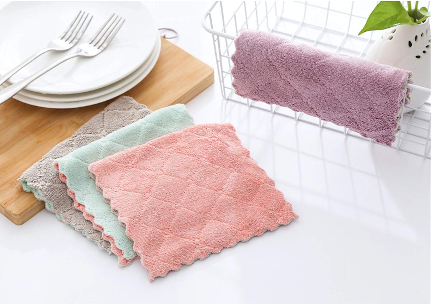Kimteny 12 Pack Premium Absorbent Coral Velvet Dish Towels - Super Soft Nonstick Kitchen Cloths, Fast Drying & Washable (Purple-Grey) for Dishes, Countertops & Household Cleaning