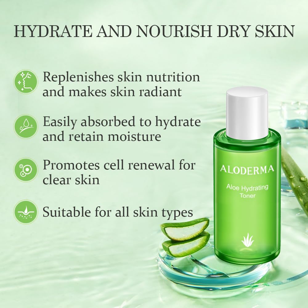 Aloderma Signature Aloe Vitality Hydrating Set - 6 Piece Skincare Kit with Aloe Vera Gel, Facial Cleanser, Toner, Serum & 2x Moisturizing Cream - Perfect for Dry, Sensitive Skin & Daily Hydration Routine