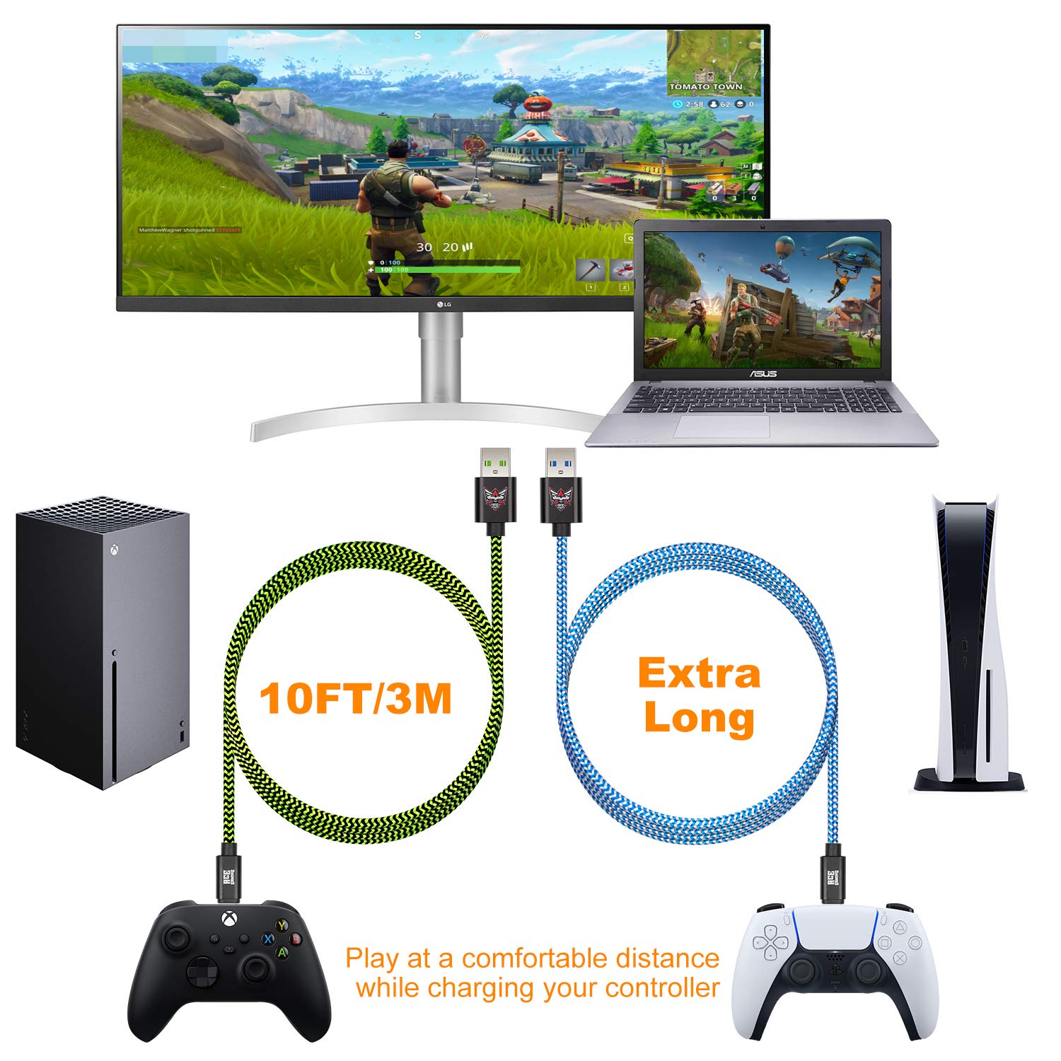 Premium 10ft Nylon Braided USB-C Fast Charging Cable for PS5 & Xbox Series X/S Controllers - Durable Gaming Charger with Data Sync - Perfect for Long Gaming Sessions & Couch Play