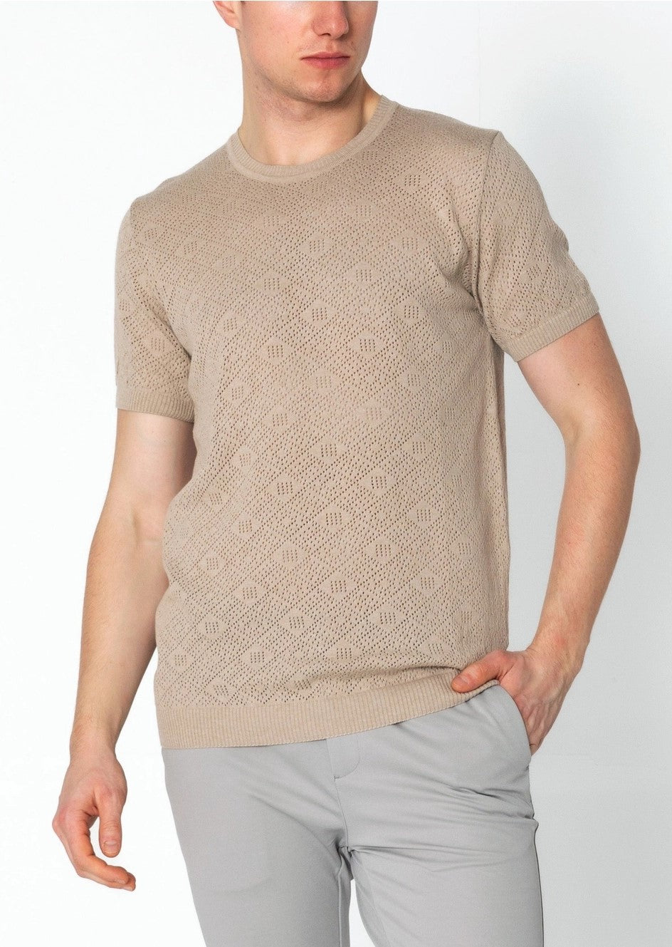 RNT23 Geometric Crochet T-Shirt for Women - Stylish Stone Wash Cotton Top for Casual Wear & Summer Outfits