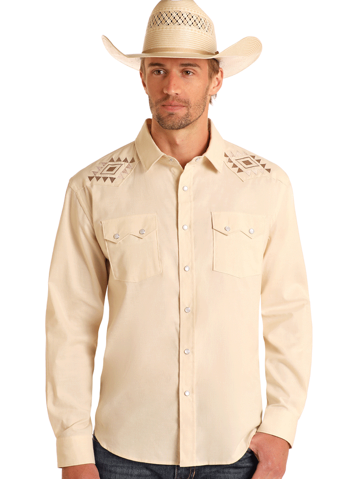 Men's Aztec Embroidered Long Sleeve Western Snap Shirt - Natural Cotton Cowboy Style for Casual Wear & Country Music Festivals