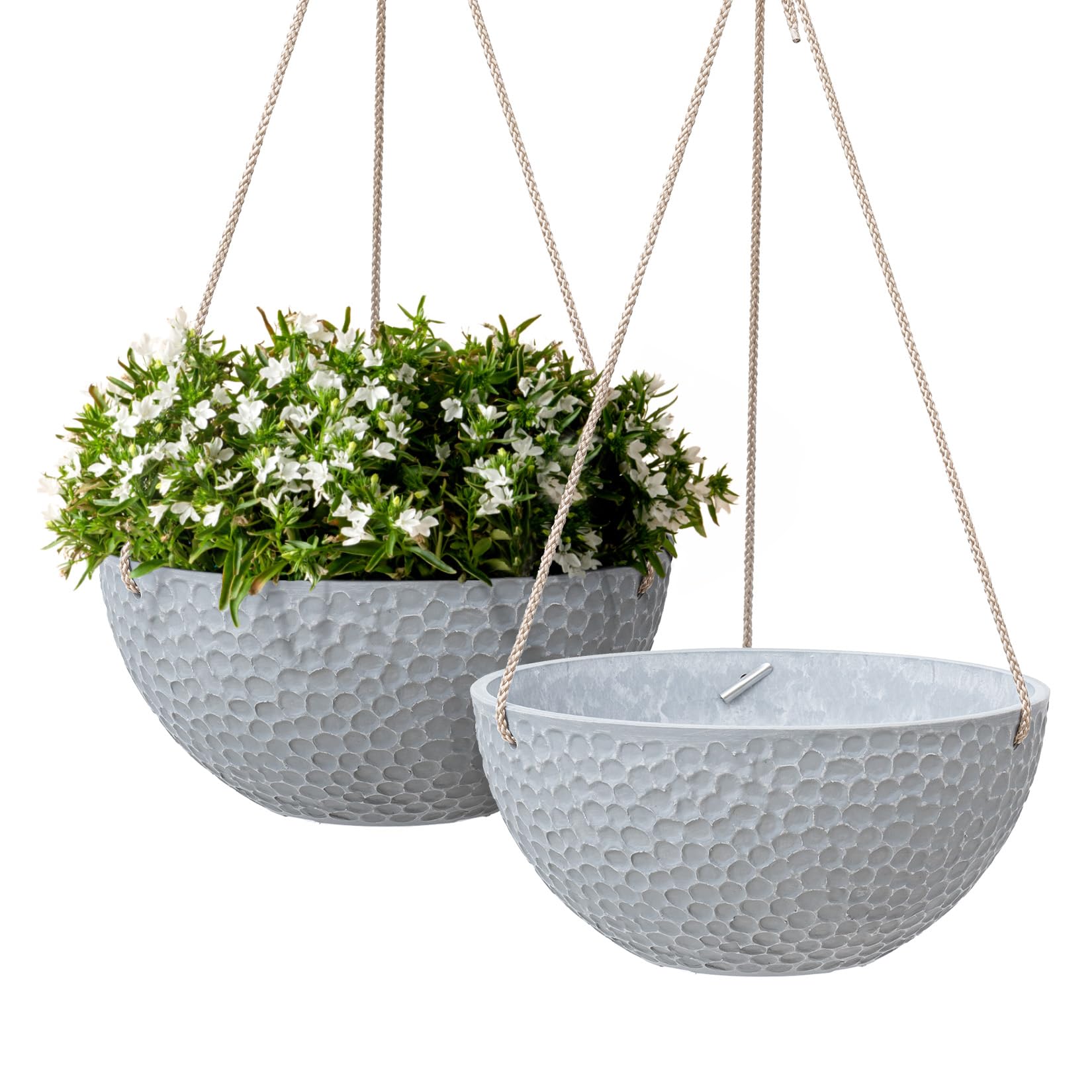 LA JOLIE MUSE 10 Inch Hanging Planters for Indoor & Outdoor Plants - Set of 2, Grey Honeycomb Design - Perfect for Balcony, Patio, Garden & Home Decor