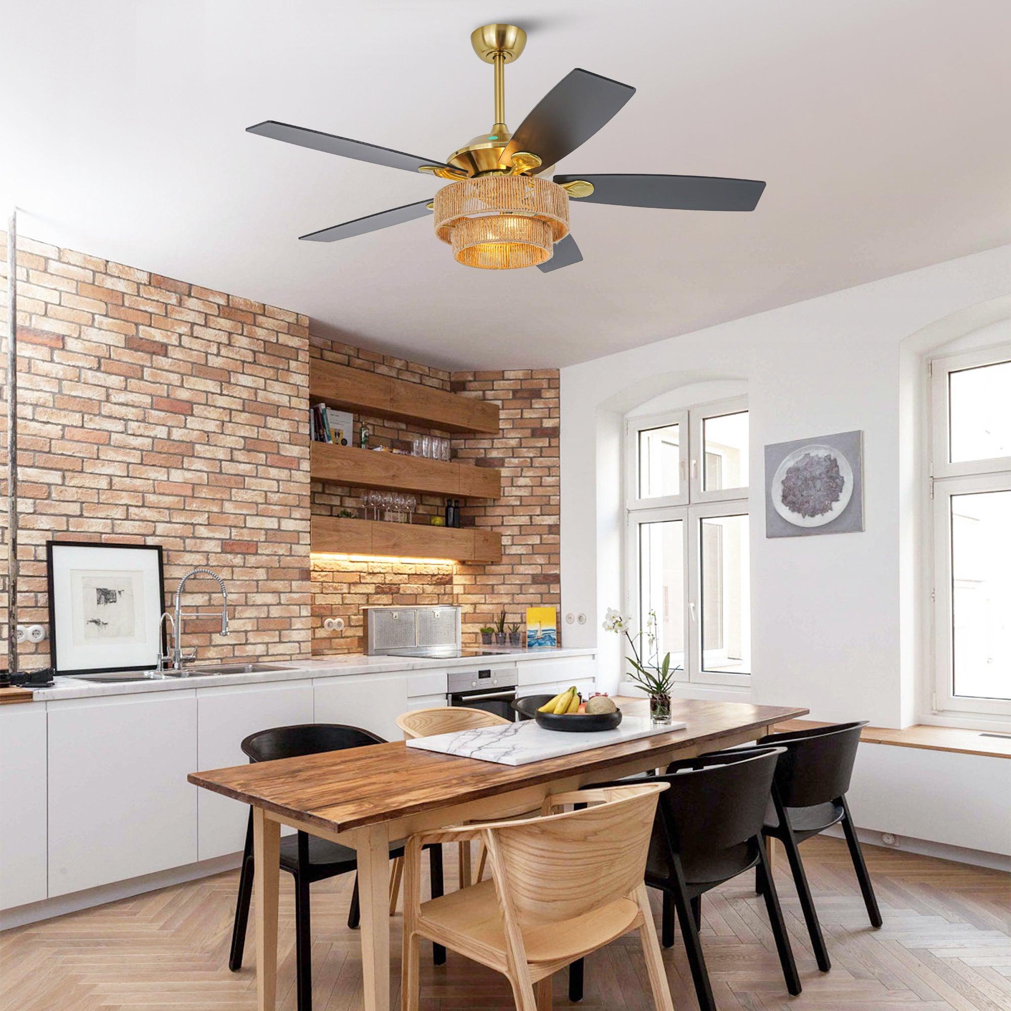 52 Inch Danube Farmhouse Style Ceiling Fan with DC Motor, Golden Downrod & Integrated Light Kit - Perfect for Living Rooms, Bedrooms, and Outdoor Covered Patios