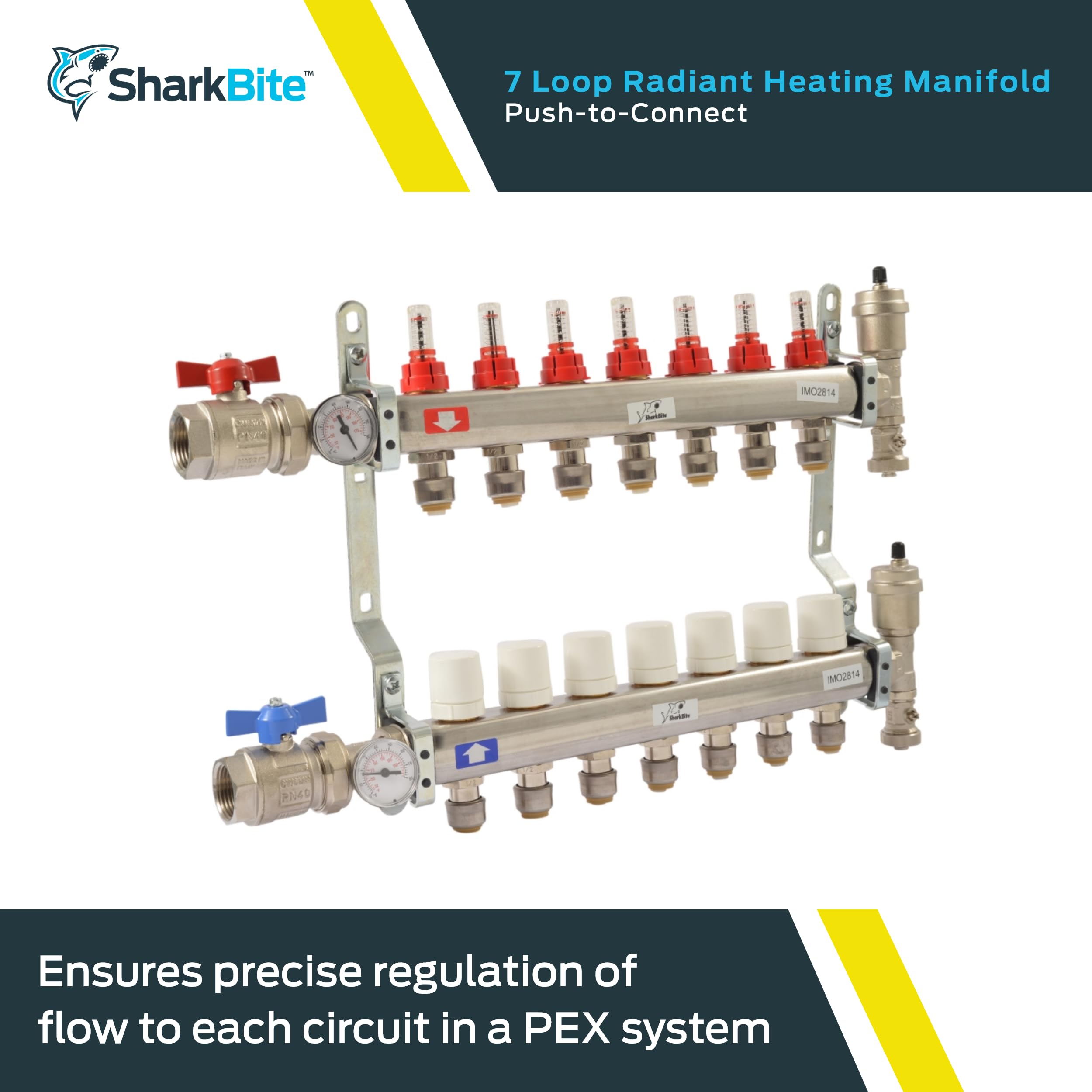 SharkBite 7 Loop Radiant Heating Manifold - Push to Connect Brass Plumbing Fitting for PEX Pipe & PE-RT (Model 24934) - Perfect for Hydronic Radiant Floor Heating Systems & Home Plumbing Projects