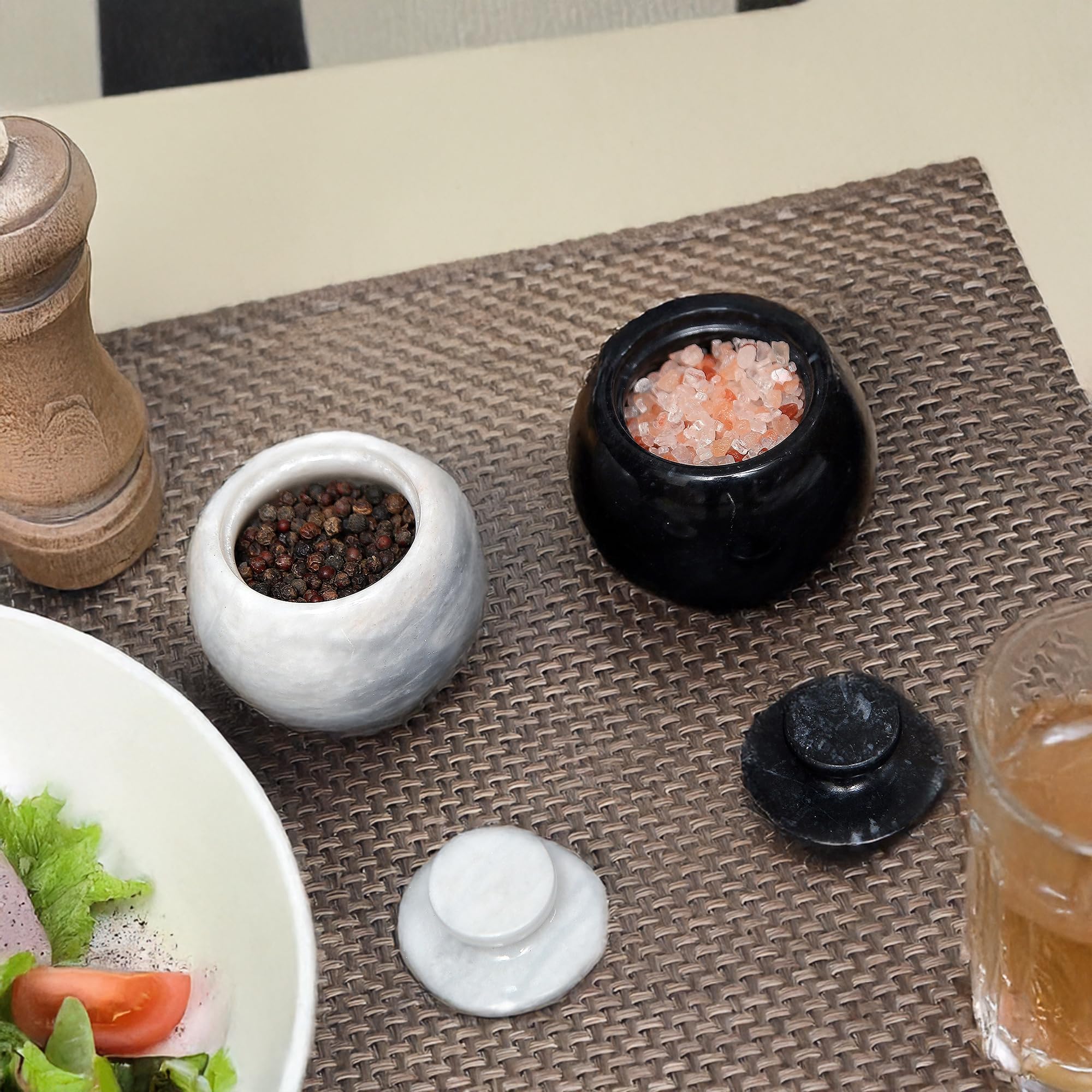 Premium Marble Salt Cellar with Lid - Set of 2 Elegant Marble Salt and Pepper Bowls - Airtight Spice Holder for Salt, Pepper, Paprika & Seasonings (Sunny Grey & Black, Style 02) - Perfect for Kitchen, Dining Table & Gourmet Cooking