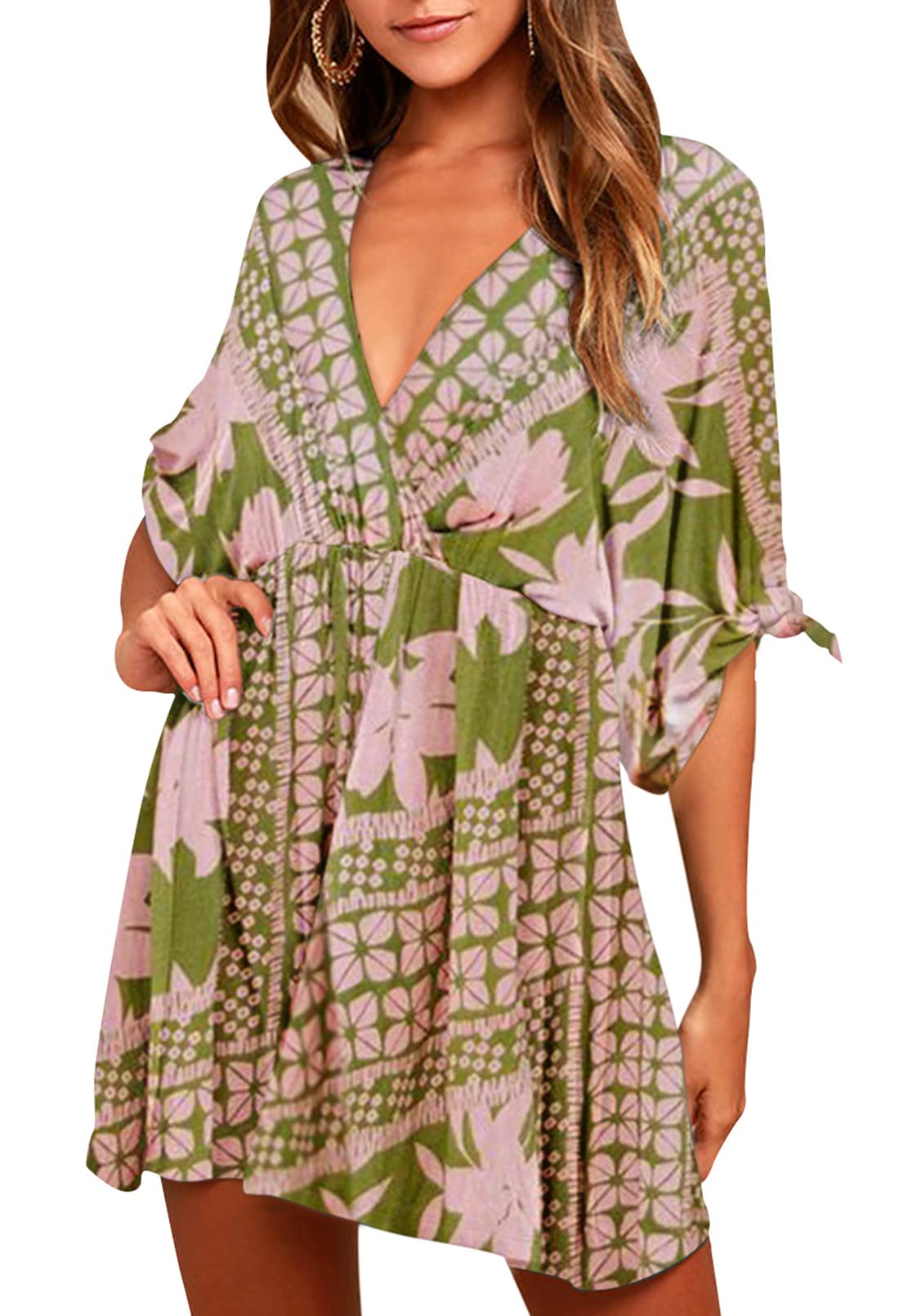 Meenew Women's Summer Casual Loose Tunic Swing Dress - V Neck Short Sleeve Vacation Beach Dress for Travel, Party & Daily Wear