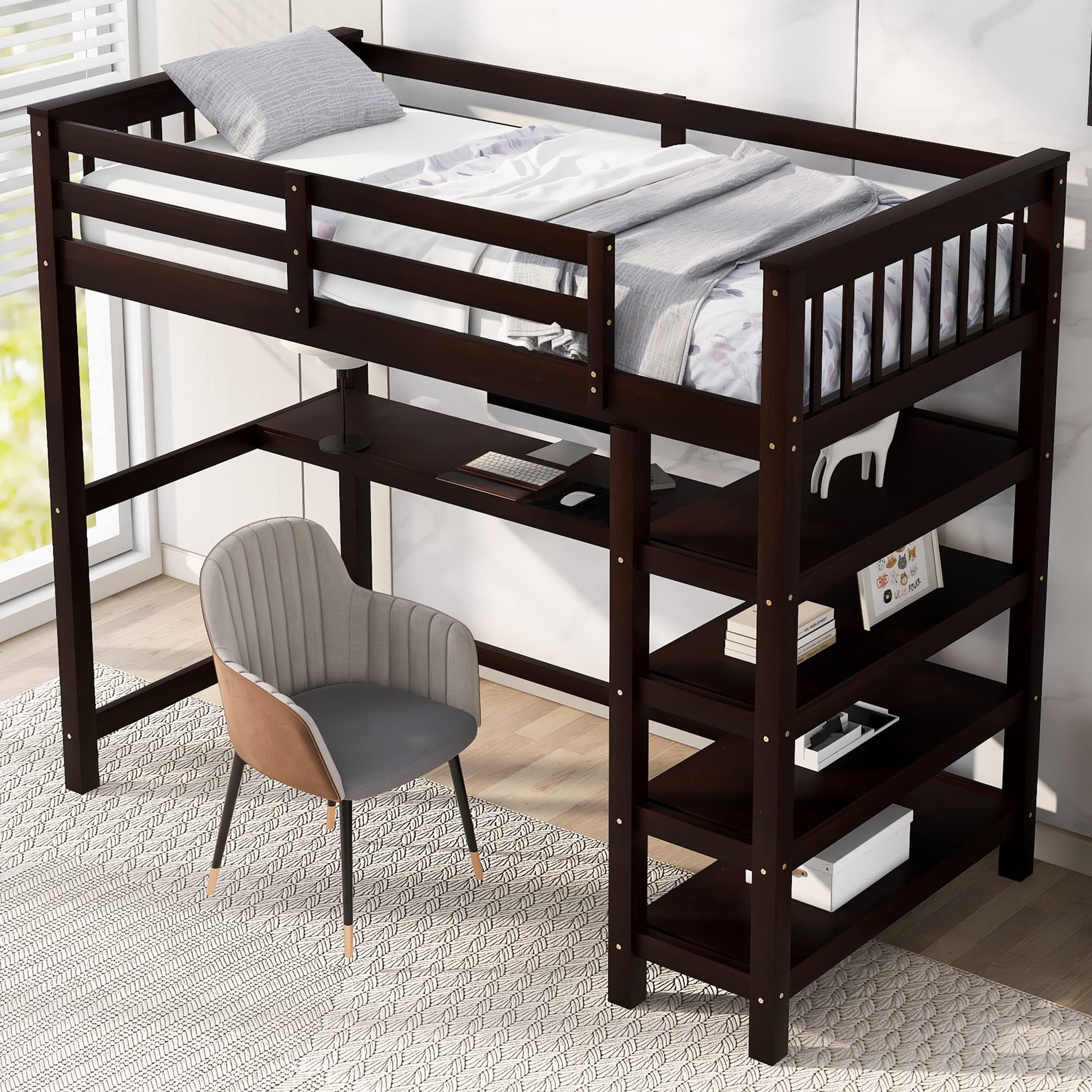 Harper & Bright Designs Twin Size Loft Bed with Desk - Wooden Study Loft Bed with Storage Shelves for Kids & Teens - Space-Saving Bedroom Furniture for Small Rooms - No Box Spring Needed - Espresso Finish - Perfect for Dorm Rooms, Studio Apartments & Kids' Bedrooms