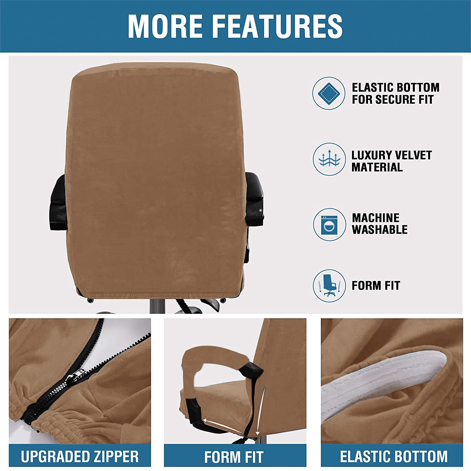 Stretchable Velvet Office Chair Cover - Removable & Washable Universal Elastic Slipcover for Computer, High Back & Rotating Chairs - Modern Minimalist Design (Light Brown, Large) | Perfect for Home Office, Gaming & Workspace Decor