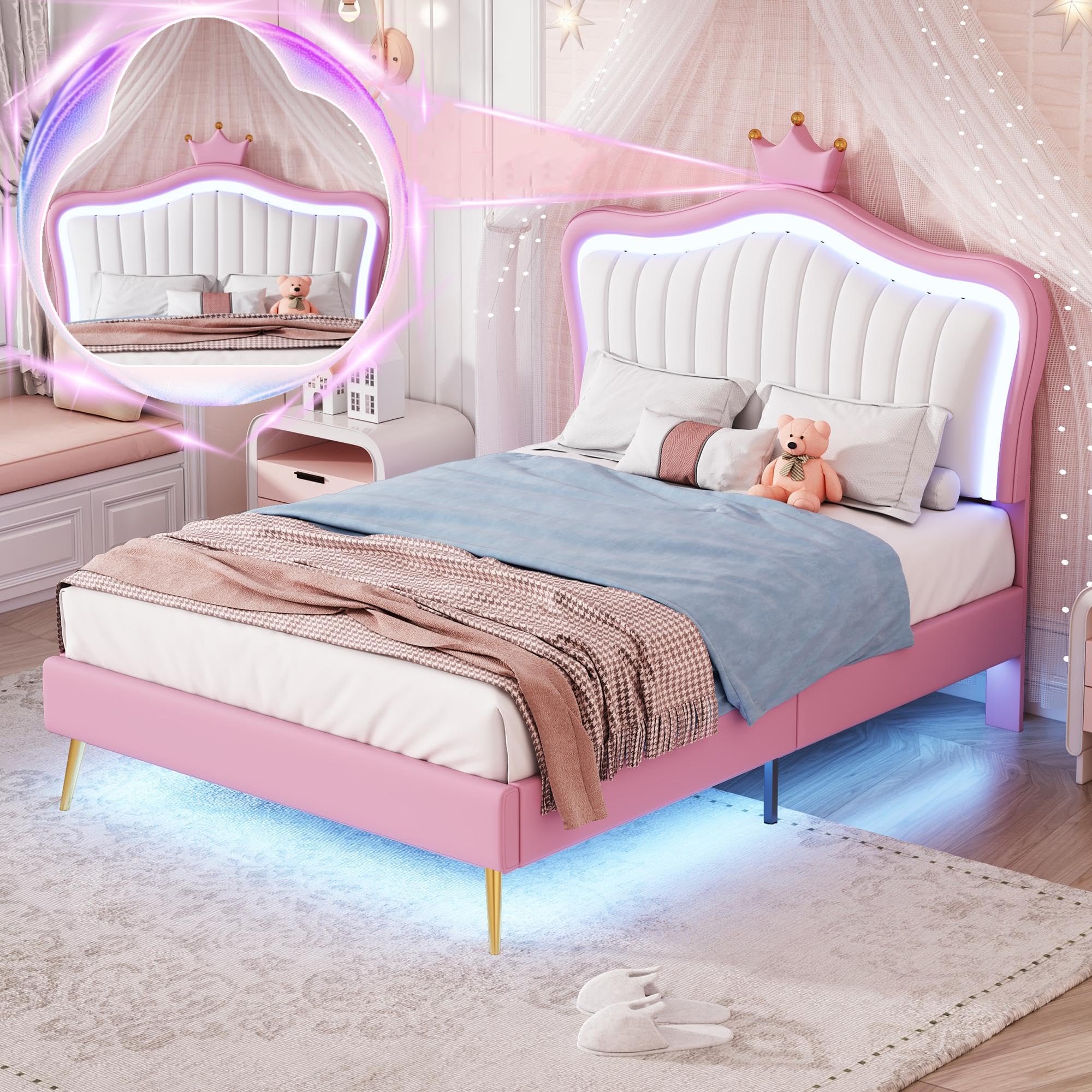 Linique Twin Size Upholstered LED Bed Frame with Crown Headboard - Modern Princess Style in White & Pink | Perfect for Girls' Bedroom, Teen Room Decor & Luxury Bedroom Makeover