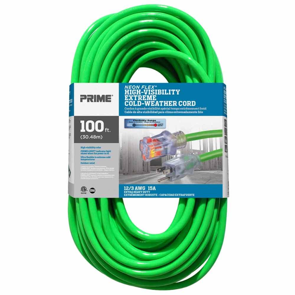 100 ft. 12/3 SJTW Heavy Duty Cold Weather Extension Cord with Lighted Connector - Green Neon Flex Power Cable for Outdoor, Workshop, Holiday Lights & Extreme Winter Use