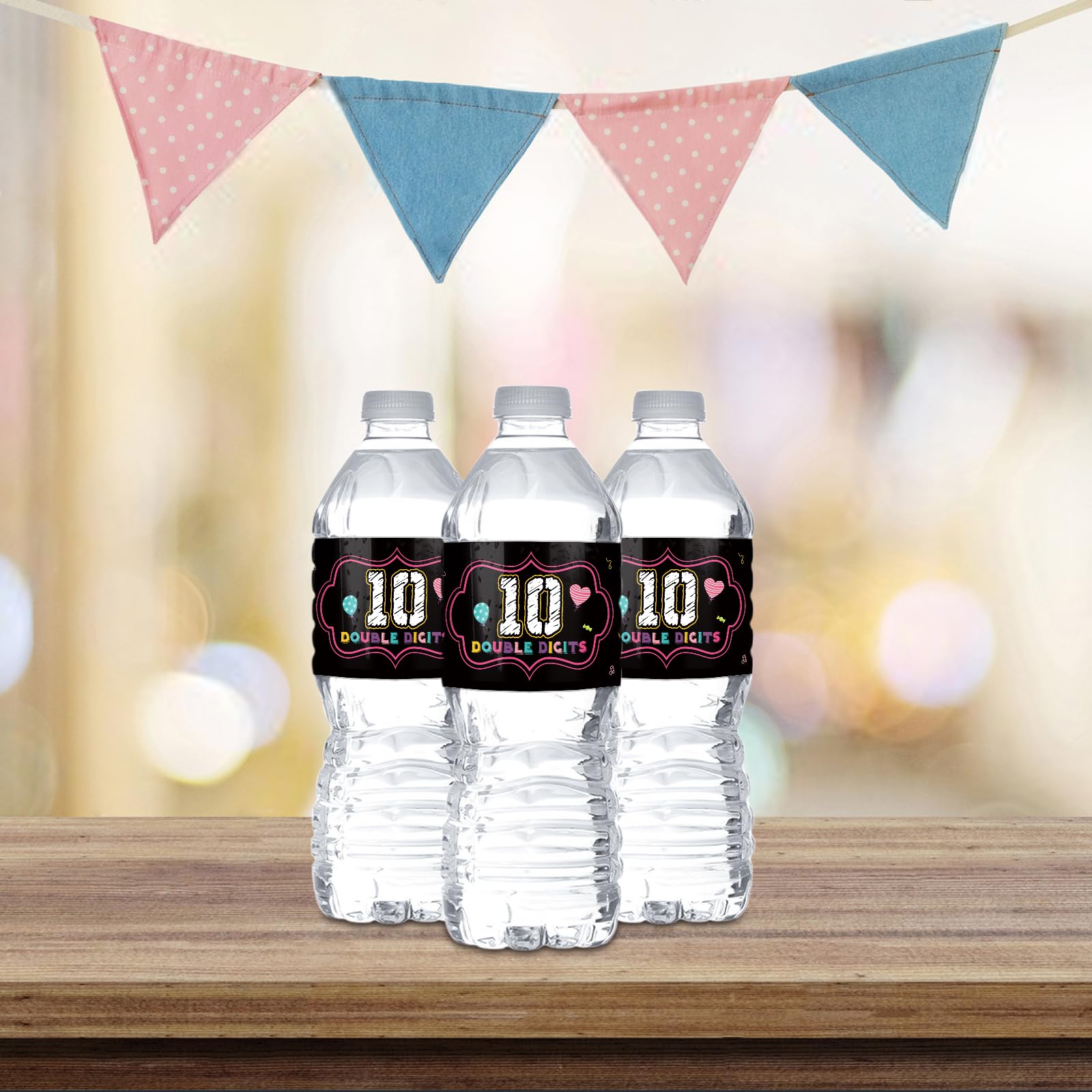 MonMon & Craft Double Digits 10 Water Bottle Labels Stickers - Happy 10th Birthday Party Decorations (Set of 32) - Perfect for Birthday Celebrations, School Events, and Baby Showers