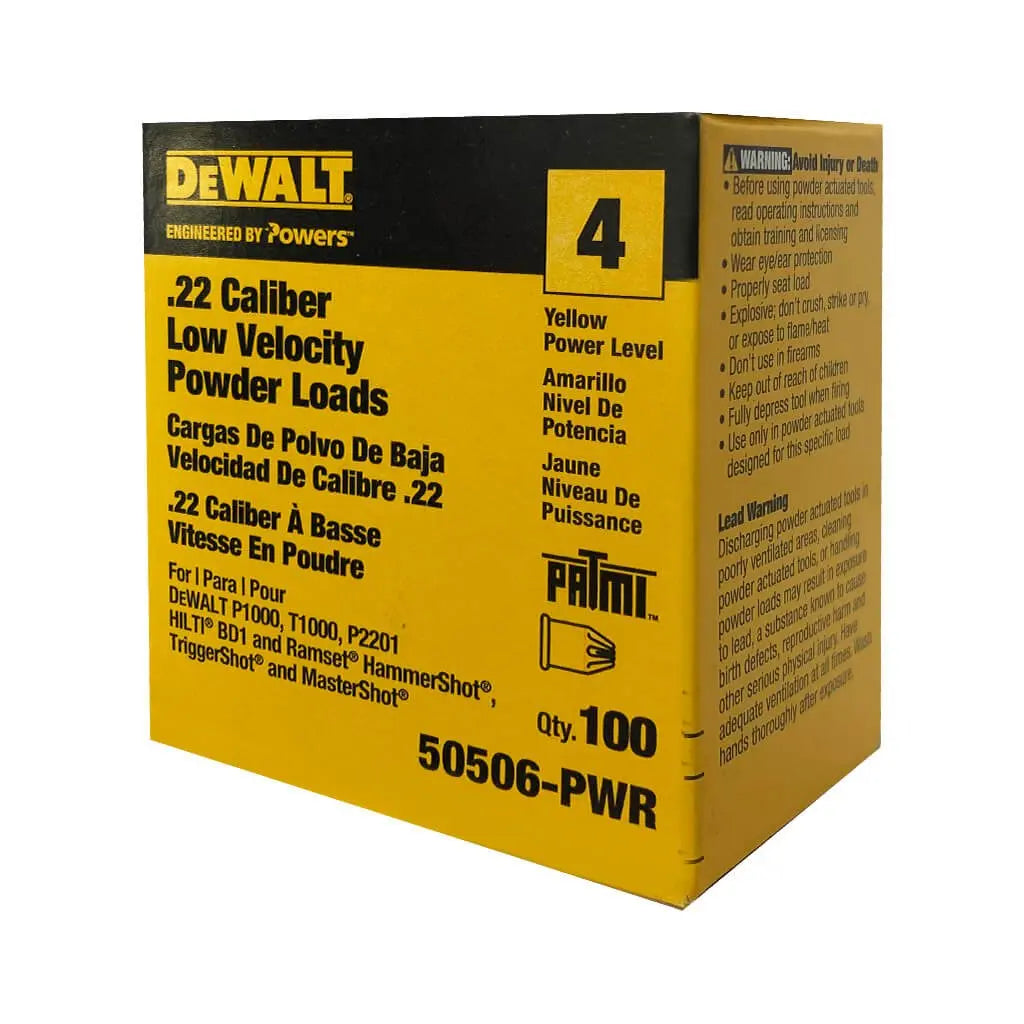DeWalt 50506 Power Single Shots Yellow .22 Caliber 100 Pack - High-Visibility Ammo for Target Shooting & Hunting