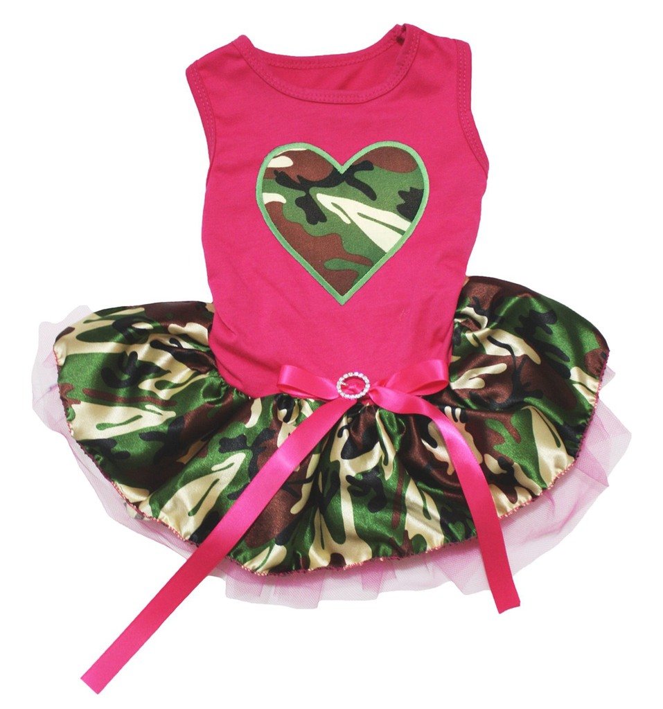 Petitebella Camouflage Heart Puppy Dog Dress - Hot Pink & Camo Print - XS Small Size - Cute Outfit for Small Dogs - Perfect for Pet Parties, Photo Shoots & Daily Walks