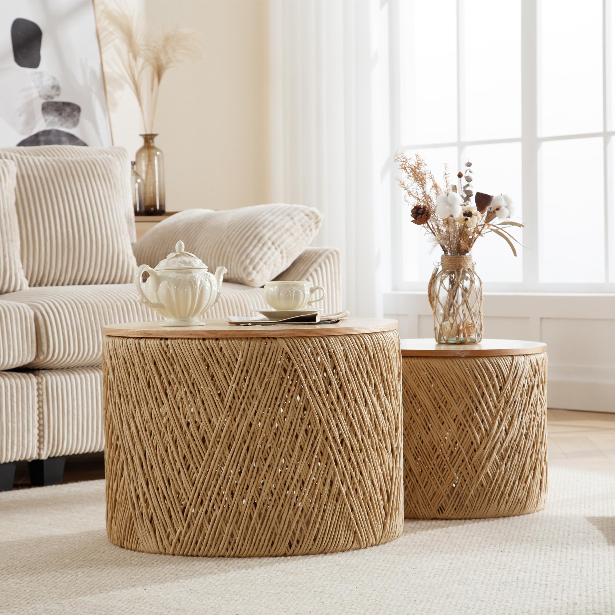 Rustic Round Coffee Table with Storage - Handwoven Rattan Lift Top Boho Side Table for Living Room, Bedroom & Patio - Natural Wood Nesting Table for Home Decor