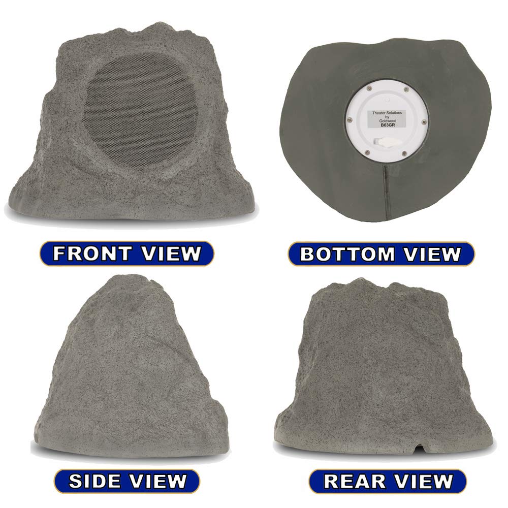 Theater Solutions by Goldwood B63GR Wireless Rechargeable Bluetooth Outdoor 6.5 Inch Rock Speaker System – Slate Gray, Set of 2, 200W – Perfect for Patio, Garden, Poolside & Backyard Entertainment