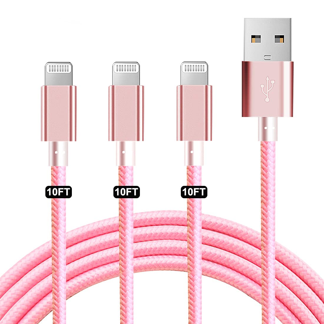JIMROZ MFi Certified 10ft Lightning Cable 3 Pack - Nylon Braided Fast Charging & Sync Cord for iPhone 14/13/12/11 Pro Max/XS/XR/X/8/7/6s/6 Plus/5/5s, iPad & iPod - Durable Pink Charging Cables for Home, Office & Travel Use