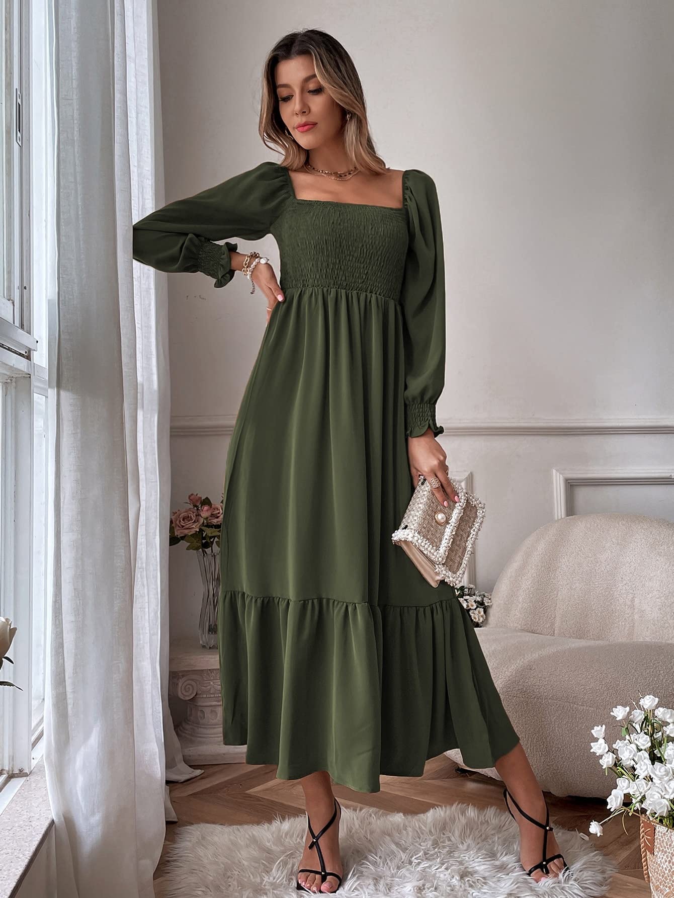 Women's Summer Long Sleeve Square Neck Shirred Ruffle Hem Midi Dress - Perfect for Club Parties, Beach Vacations & Date Nights