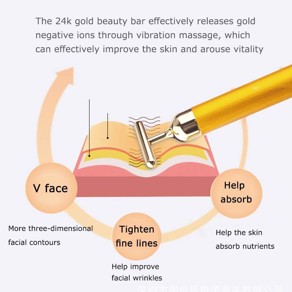 24K Gold Facial Massager Roller - Electric Vibration Beauty Bar for Anti-Wrinkle & Skin Tightening | Waterproof T-Shaped Face Roller with Gua Sha Jade Stone & Face Stone | Perfect for Home Spa, Skincare Routine & Relaxation Therapy