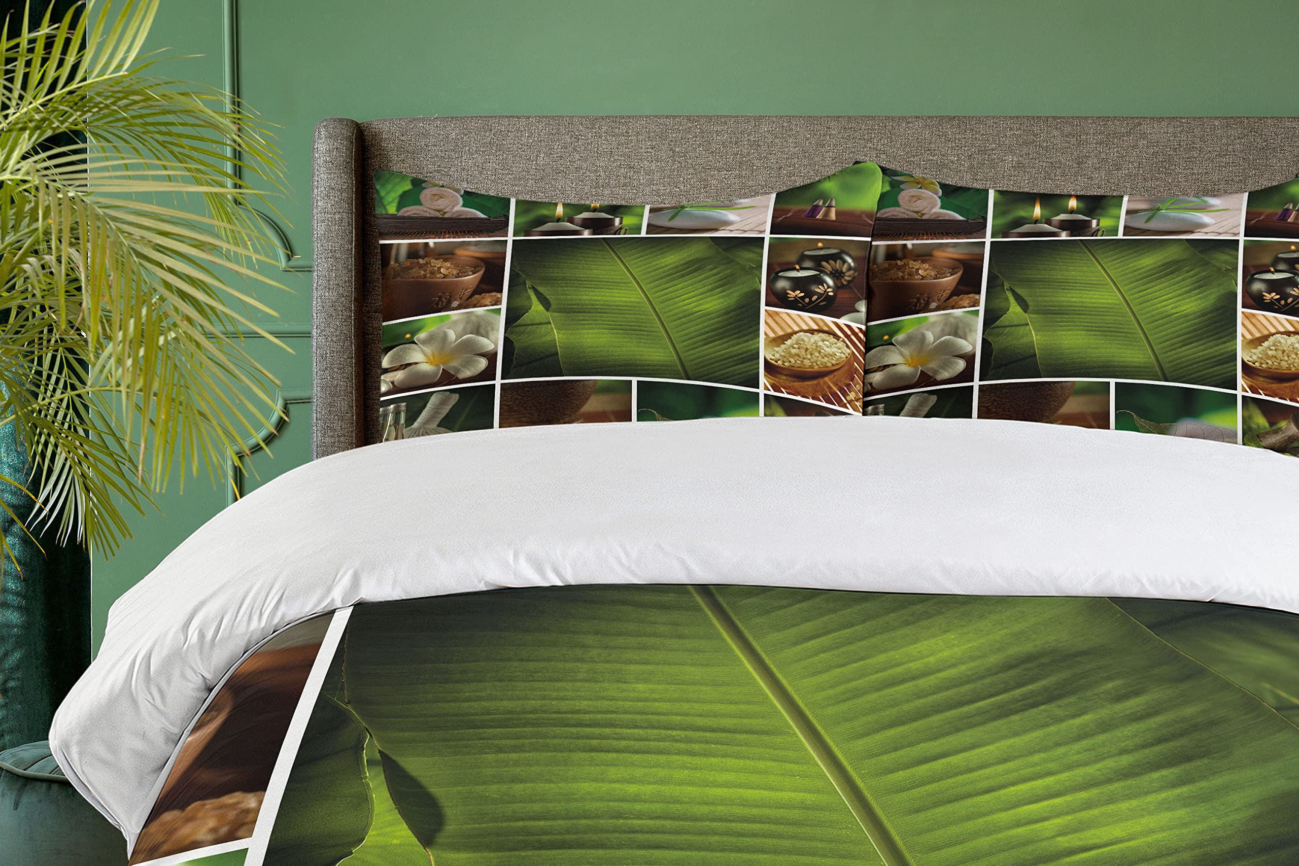 Ambesonne Spa Duvet Cover Set King Size - Botanical Plants & Relaxing Spa Elements Design with 2 Pillow Shams, 3-Piece Bedding Set in Green White & Brown - Perfect for Master Bedrooms, Guest Rooms & Spa Retreats