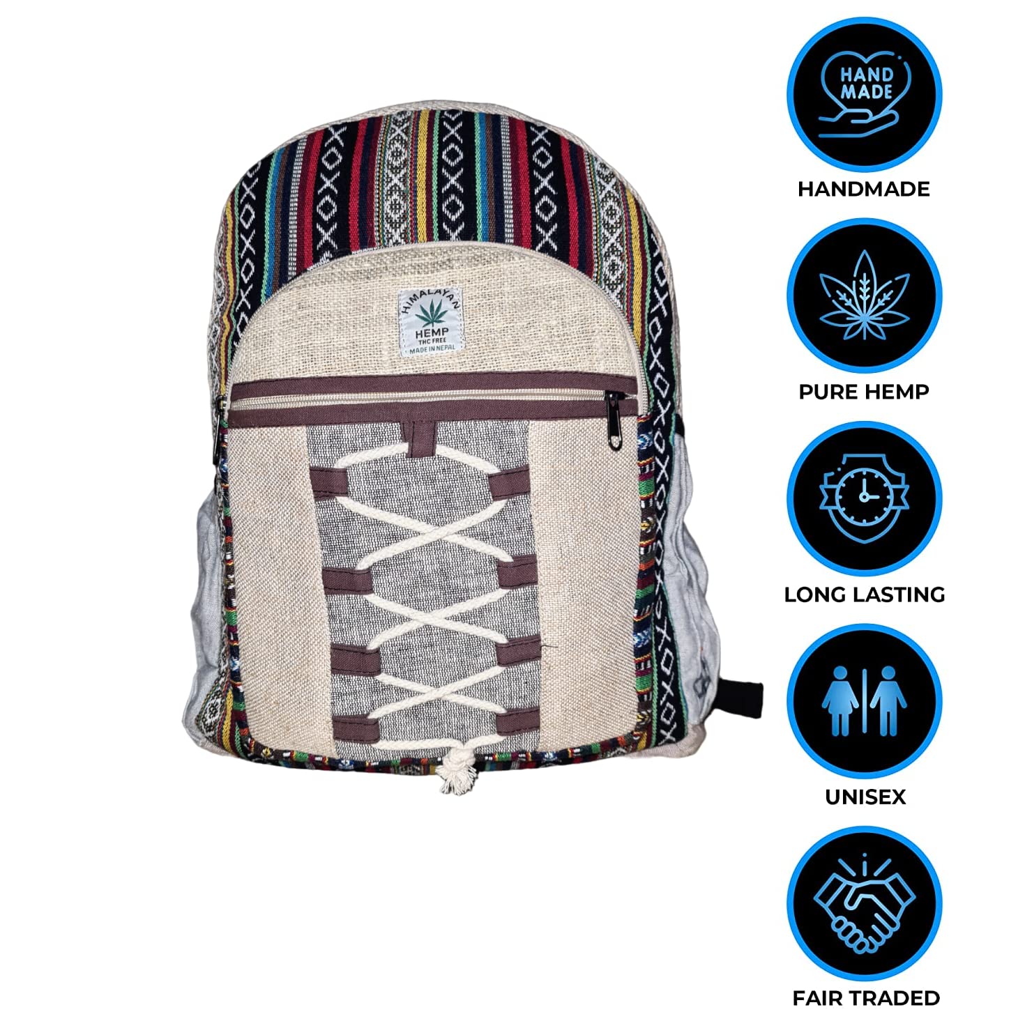 Eddika Natural Vegan Large Hemp Backpack - Eco-Friendly Himalayan Style Backpack for Men, Women, Boys & Girls - Perfect for Festivals, Hiking, Travel & Everyday Use