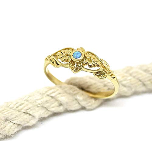 14K Solid Gold Opal Ring for Women - Blue Stone Victorian Boho Filigree Ring - Elegant Dainty Jewelry for Weddings, Parties & Everyday Wear
