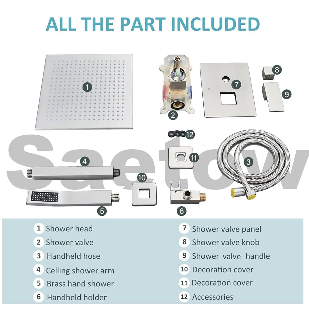 12 Inch LED Square Showerhead with Handheld Spray - SUS304 Stainless Steel Shower System Kit (Brushed Nickel) - Perfect for Modern Bathrooms & Spa-Like Shower Experience