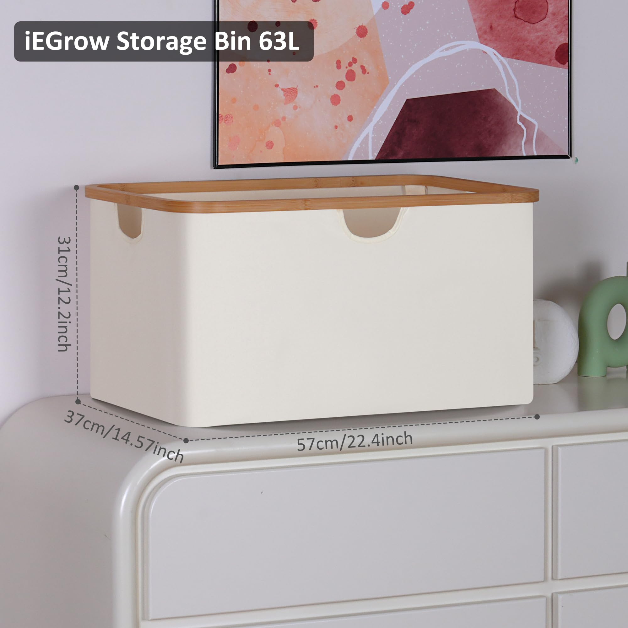 Large Collapsible Storage Bins with Bamboo Handles - 63L Rectangle Organizer for Toys, Books & Shelves - Space-Saving Closet Storage Basket in Beige - Perfect for Home, Office & Kids Room Organization
