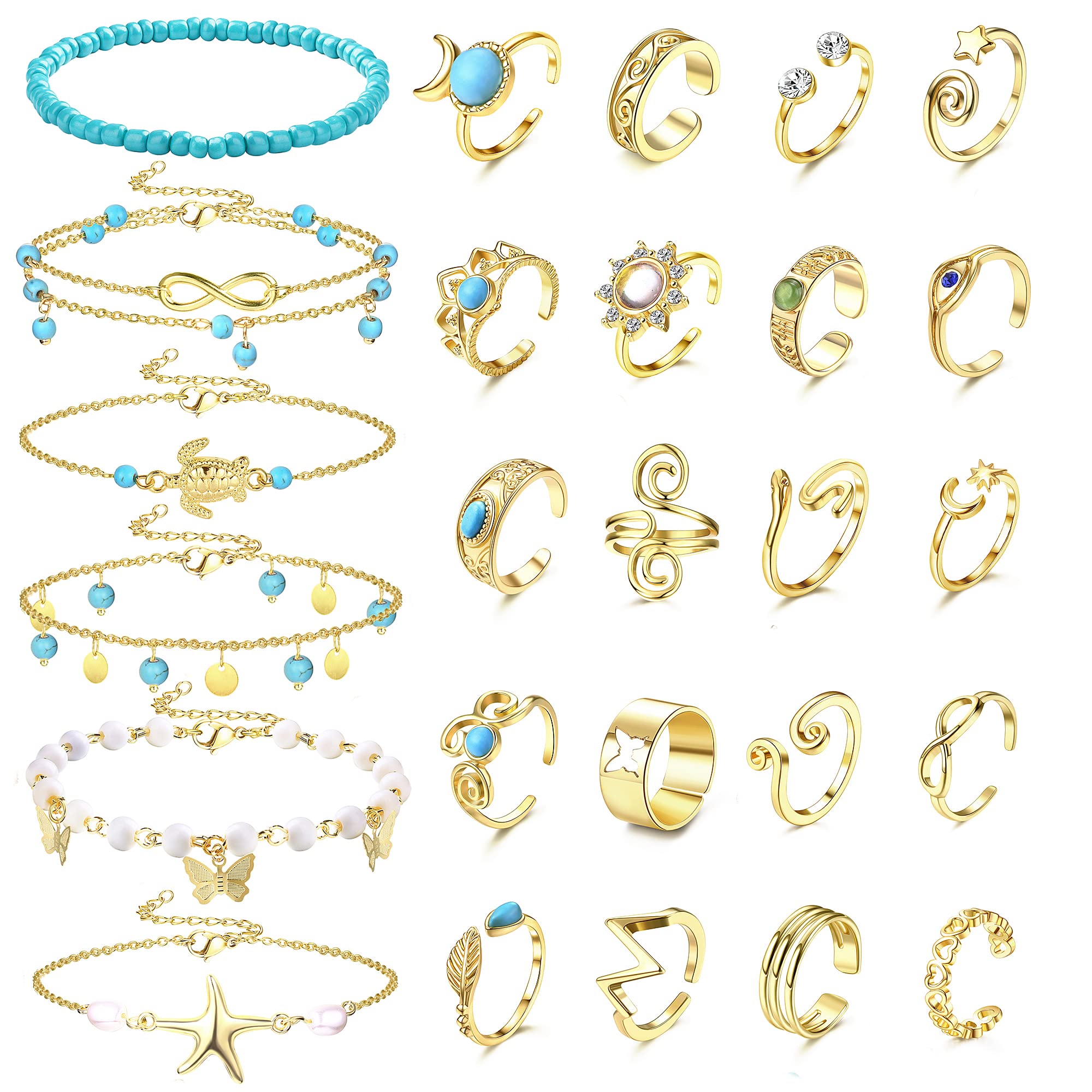 JOERICA 25 Pcs Adjustable Turquoise Toe Rings & Ankle Bracelets for Women - Gold & Silver Bohemian Anklets, Open Toe Jewelry for Beach, Summer & Festival Outfits