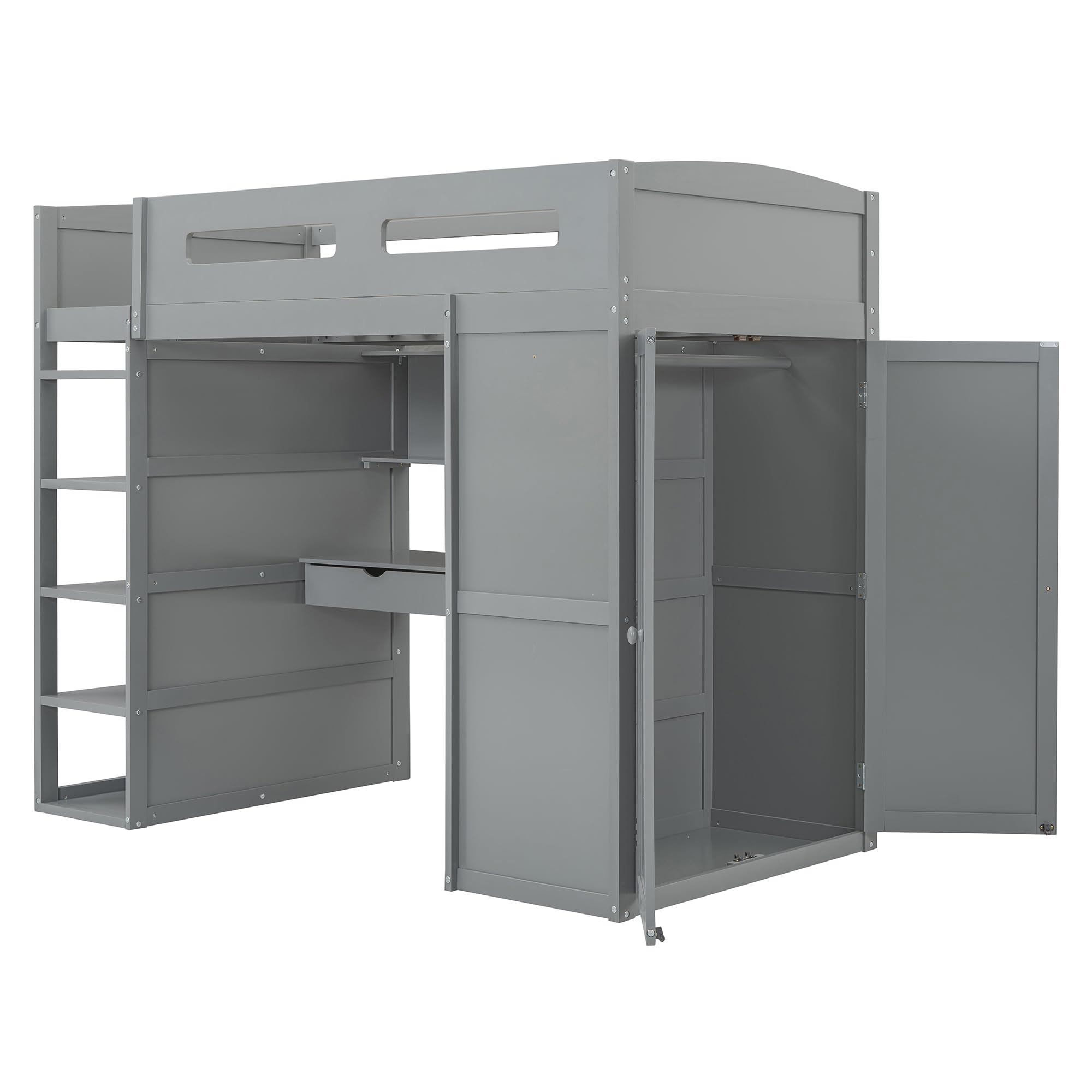 Twin Loft Bed with Desk & Wardrobe - Wooden Kids Bed with Storage for Small Spaces
