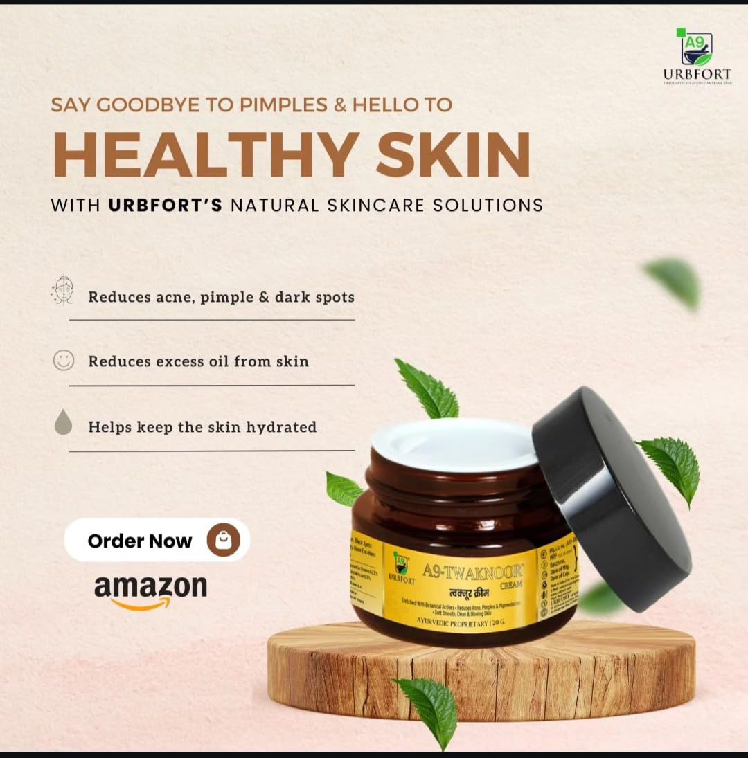 URBFORT A9 Twak Noor Organic Face Cream - Ayurvedic Acne Scar & Pimple Treatment with Neem, Tea Tree Oil, Shea Butter & Rose Water - Natural Skincare for Men & Women (20g) | Perfect for Daily Acne Care & Skin Brightening